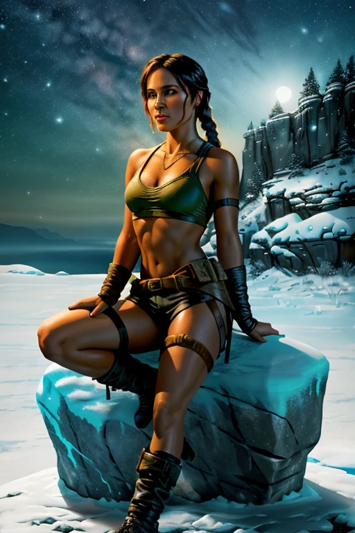 "Lara croft the tomb rider sitting on a rock formation, rock formation is a 3D popup text "TOMB RIDER" made of rocks, snowy winters in a moonlit night, in style of artist Eli McMullen, 2022, oil on acrylic, gouache on board, and Josh Adamski, muted soft pastel earthly colours