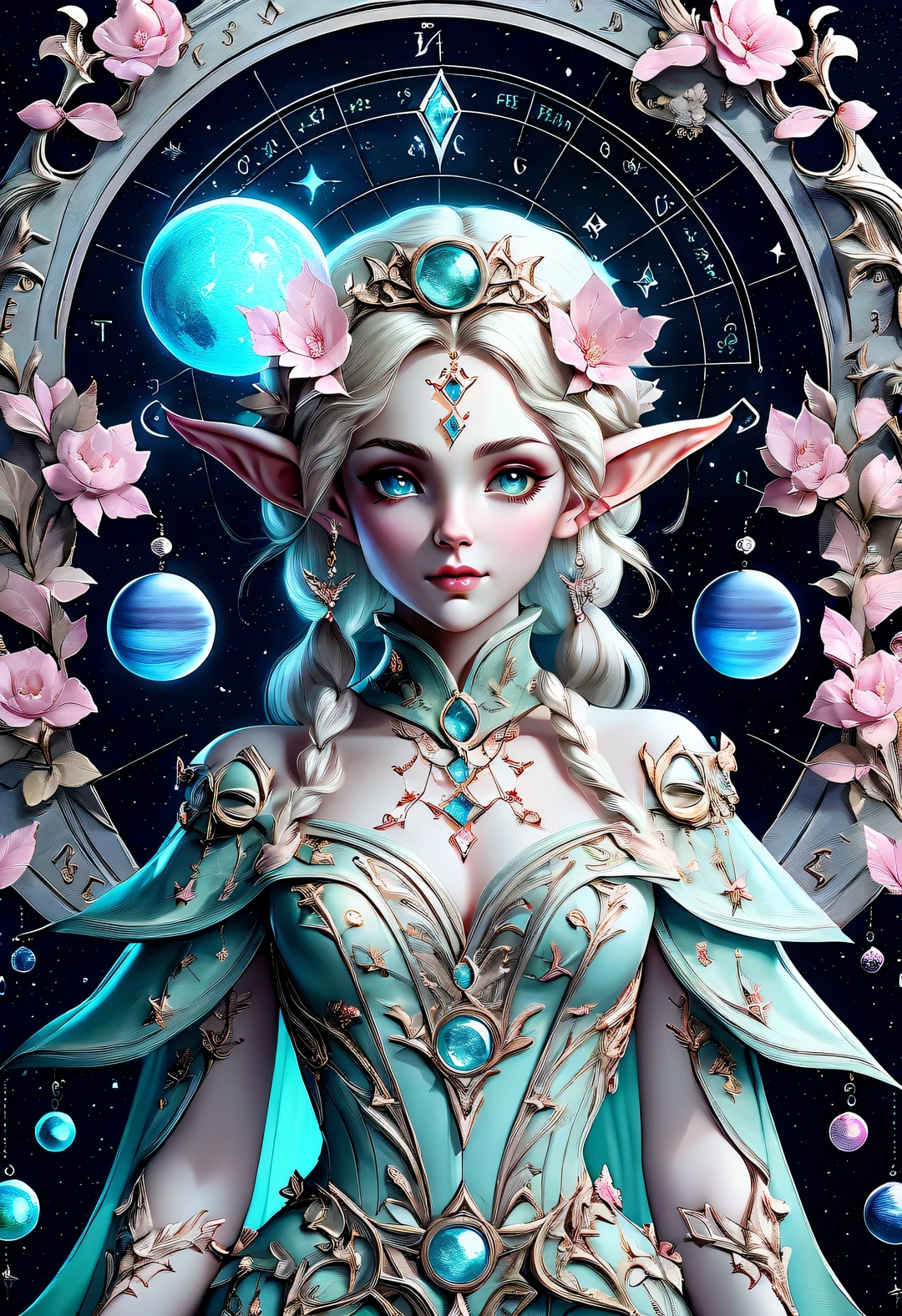 A beautiful norse mythology elf,With birth chart background, astrological symbols, zodiac signs, planet, baroque concrete work, pink scene, ethereal portrait, Rococo style details, soft and dreamy depictions, female emotions, Meticulous attention to clothing and fashion, no hands, Perfectly accurate proportions - v 5.1