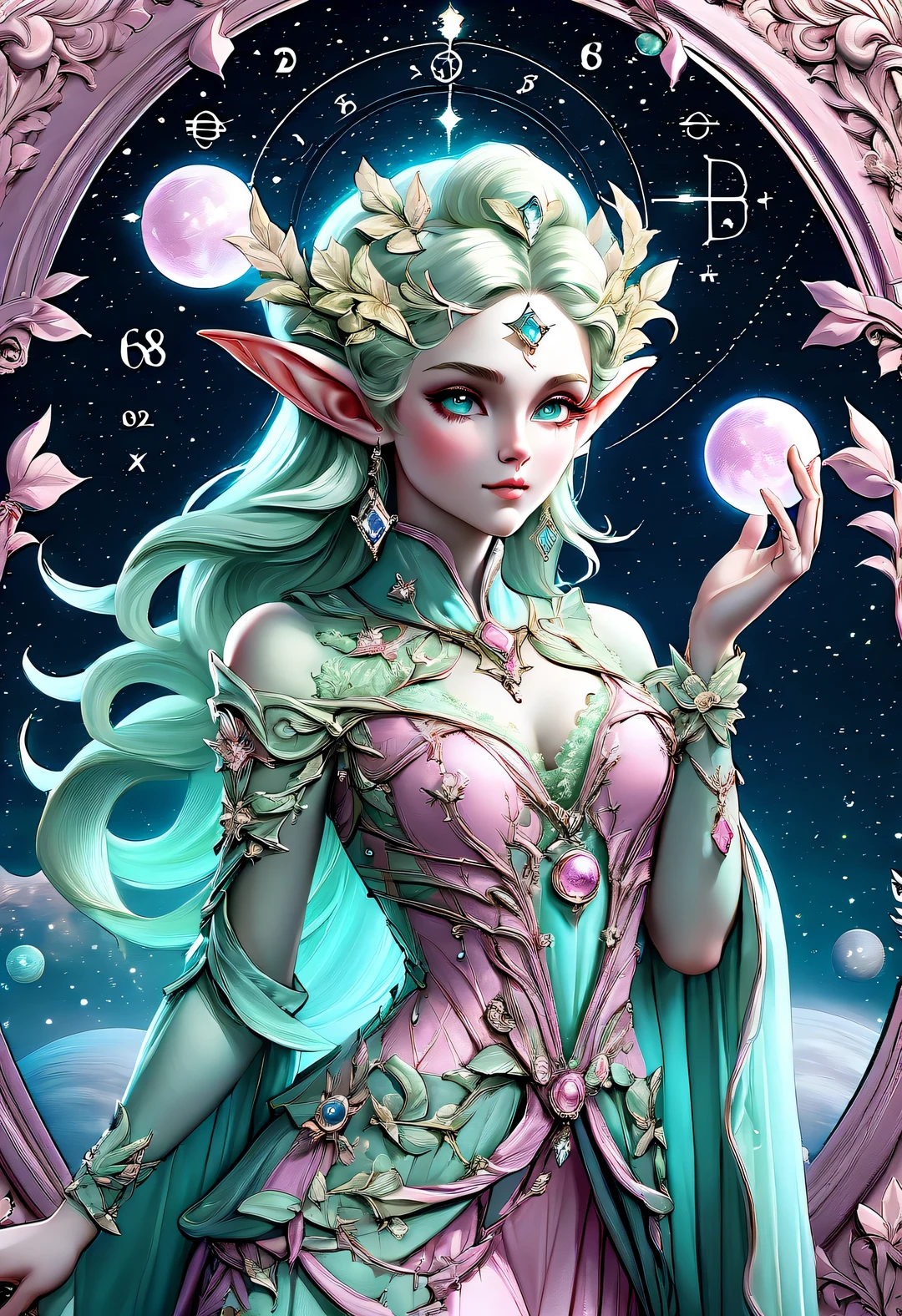 A beautiful norse mythology elf，With birth chart background, astrological symbols, zodiac signs, planet, baroque concrete work, pink scene, ethereal portrait, Rococo style details, soft and dreamy depictions, female emotions, Meticulous attention to clothing and fashion, no hands, Perfectly accurate proportions - v 5.1