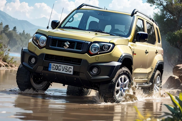 suzuki jimny, driving through deep mud, ((off road route, car submerged in mud)), mud spread