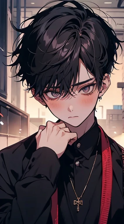 1 boy, joke, 25 years old,  boy, university, handsome pale, mature, joke young man, smooth red skin, very smooth, Ju Jae Kyung, age boy, black shirt, very tight, sexy, blush, front, Yaoi. Dominator, horny face, intimidating boy, medium black hair, manga style, Minwa, BJ Alex, jinx, sexy, blush, Dominator, smooth contours, Manha, bright eyes