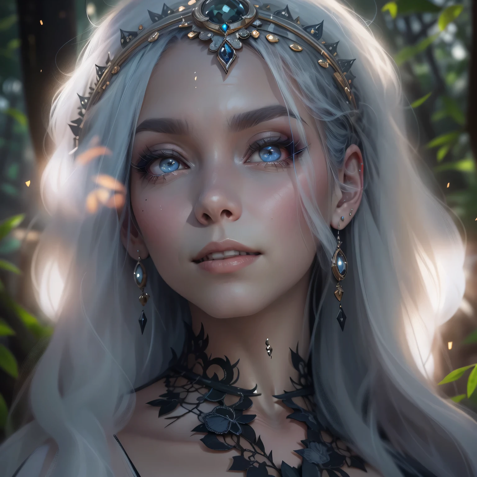 Gothic,portrait,night elf queen,sharp focus,blue eyes,Flowing white hair,Salient features,Detailed lips,dark skin,mystery的微笑,thorn crown,exquisite jewelry,long and pointed ears,charming的目光,black lace dress,veil,Moonlight Garden,Forest background under moonlight,Moonlight casts shadows,dark aura,Stylish design,ethereal beauty,nipple process,The presence of majesty,charming的目光,subtle glow,ethereal light.masterpiece, best quality, (High-detail CG unified 8K wallpaper) (best quality), (Best Illustration), (best shadow) nature，Sky, cloud, Delicate leaf petals fall in the air，track, super detailed，ultra high resolution, Surrealism, HD, golden ratio，（royal），（enchanted forest），（peaceful），（Peace），（mystery），（grace），（charming），