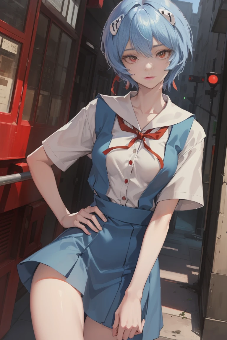 reiayanami, rei ayanami,full nude,All nude,whole body,Tattered school uniform,spread your legs and expose your crotch, blue hair, short hair, (red eyes:1.5),small breasts,small breasts,underwear exposed,
break blue dress, dress, neck ribbon, pinafore dress, red ribbon, ribbon,Tattered school uniform, short sleeve, short-sleeved torn skirt,sweater, sweater,
break outdoors, city,
break looking at viewer, 
break (masterpiece:1.2), highest quality, High resolution, unity 8k wallpaper, (figure:0.8), (beautiful and fine eyes:1.6), highly detailed face, perfect lighting, Very detailed CG, (perfect hands, perfect anatomy),