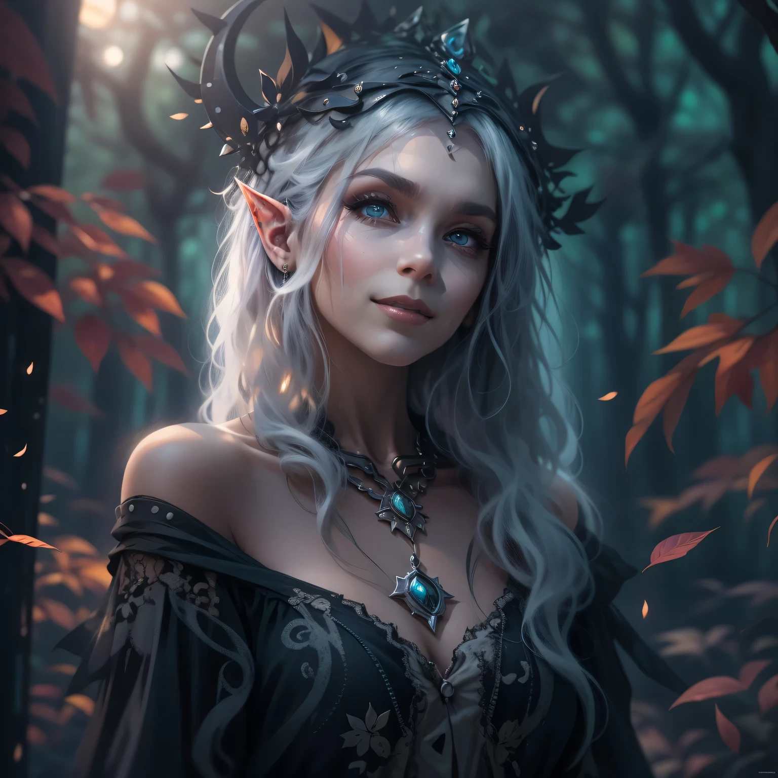 Gothic,portrait,night elf queen,sharp focus,blue eyes,Flowing white hair,Salient features,Detailed lips,dark skin,mystery的微笑,thorn crown,exquisite jewelry,long and pointed ears,charming的目光,black lace dress,veil,Moonlight Garden,Forest background under moonlight,Moonlight casts shadows,dark aura,Stylish design,ethereal beauty,nipple process,The presence of majesty,charming的目光,subtle glow,ethereal light.masterpiece, best quality, (High-detail CG unified 8K wallpaper) (best quality), (Best Illustration), (best shadow) nature，Sky, cloud, Delicate leaf petals fall in the air，track, super detailed，ultra high resolution, Surrealism, HD, golden ratio，（royal），（enchanted forest），（peaceful），（Peace），（mystery），（grace），（charming），