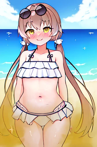 highest quality、masterpiece、high resolution、solo、{hifumi_bluearchive:1.15}、long hair、twin tails、ローtwin tails、yellow eyes、light brown hair、blush、open your mouth、bangs、smile、clavicle、1 girl、bikini、Day、wears glasses on head、frills付きbikini、frills、null、sunglasses、swimsuit、白bikini、cloud、belly button、outdoor、青null、Ocean、women stink、fart、embarrassing、My stomach is growling、Gas comes out of the butt