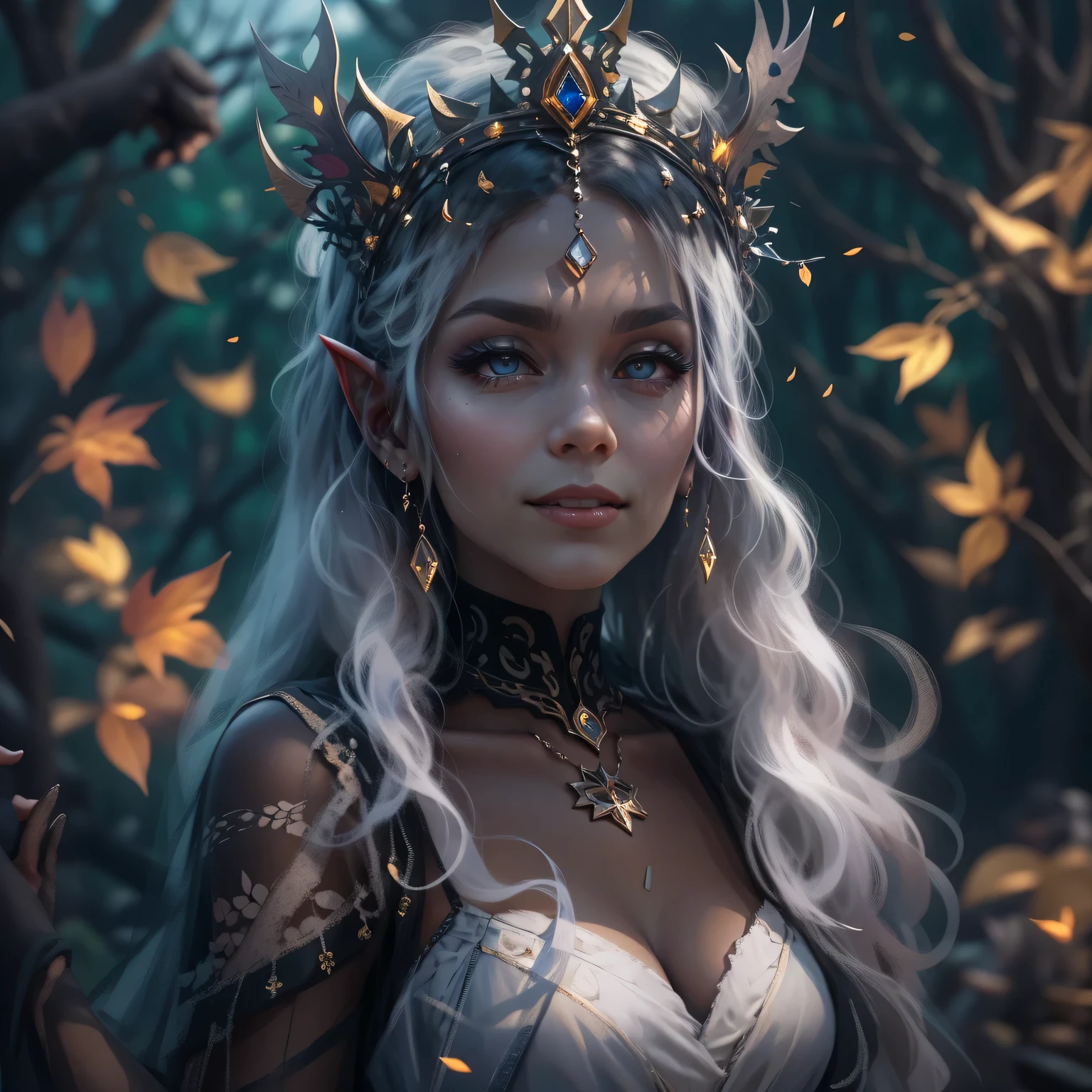 Gothic,portrait,night elf queen,sharp focus,blue eyes,Flowing white hair,Salient features,Detailed lips,dark skin,mystery的微笑,thorn crown,exquisite jewelry,long and pointed ears,charming的目光,black lace dress,veil,Moonlight Garden,Forest background under moonlight,Moonlight casts shadows,dark aura,Stylish design,ethereal beauty,nipple process,The presence of majesty,charming的目光,subtle glow,ethereal light.masterpiece, best quality, (High-detail CG unified 8K wallpaper) (best quality), (Best Illustration), (best shadow) nature，Sky, cloud, Delicate leaf petals fall in the air，track, super detailed，ultra high resolution, Surrealism, HD, golden ratio，（royal），（enchanted forest），（peaceful），（Peace），（mystery），（grace），（charming），