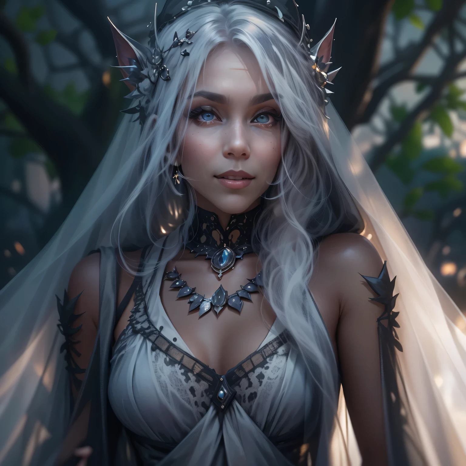 Gothic,portrait,night elf queen,sharp focus,blue eyes,Flowing white hair,Salient features,Detailed lips,dark skin,mysterious smile,thorn crown,exquisite jewelry,long and pointed ears,charming gaze,black lace dress,veil,Moonlight Garden,Forest background under moonlight,Moonlight casts shadows,dark aura,Stylish design,ethereal beauty,nipple process,The presence of majesty,charming gaze,subtle glow,ethereal light).(best quality,4K,8k,high resolution,masterpiece:1.2),Super detailed,(actual,photoactual,photo-actual:1.37),