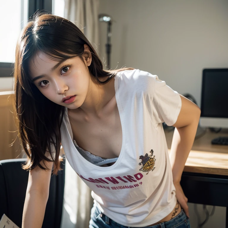 1girl, downblouse, ****, munechira, small breasts,  small chest,  looking away,  leaning forward,  expressionless,  casual t shirt plus decorated detailed bra within, desk, school,