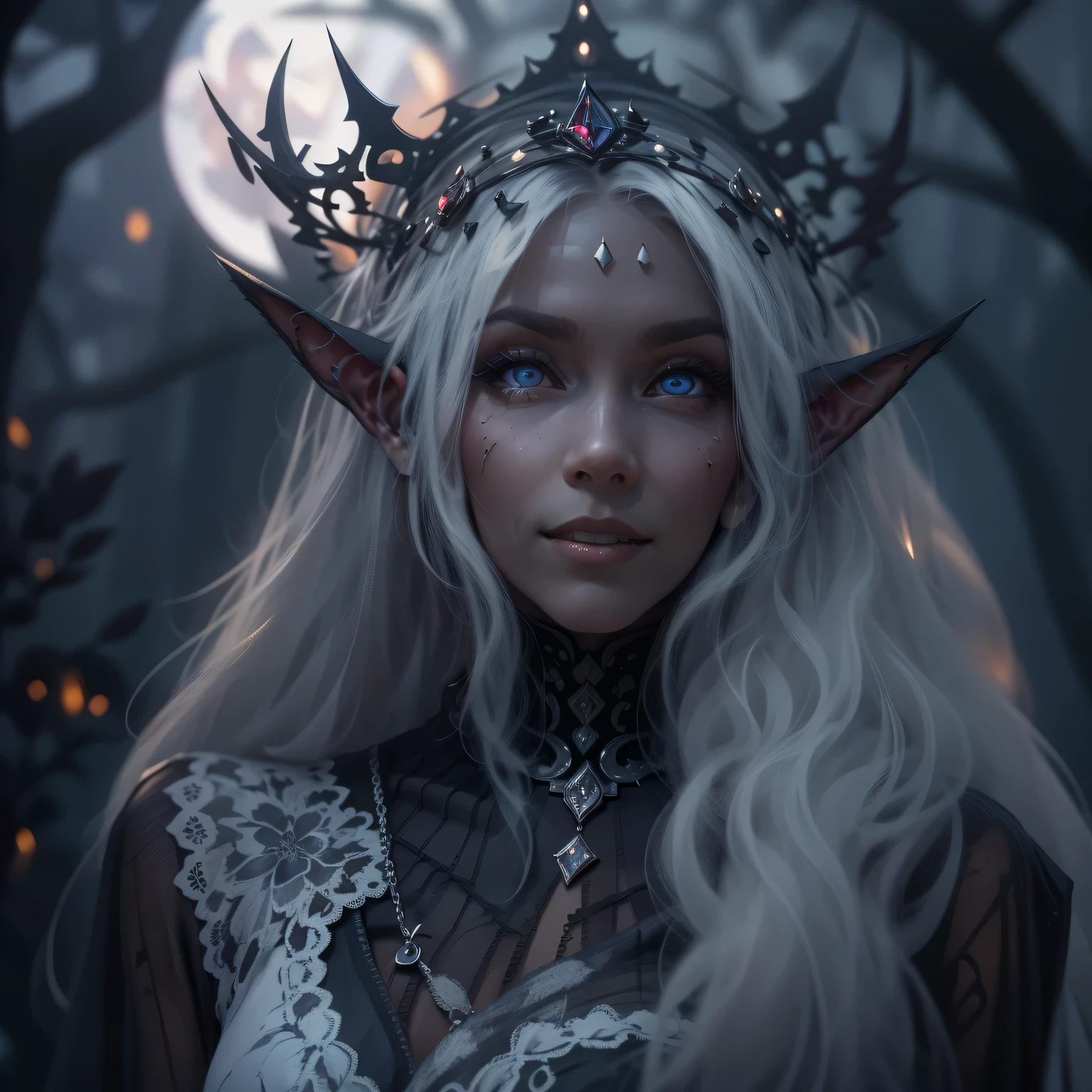 Gothic,portrait,night elf queen,sharp focus,blue eyes,Flowing white hair,Salient features,Detailed lips,dark skin,mysterious smile,thorn crown,exquisite jewelry,long and pointed ears,charming gaze,black lace dress,veil,Moonlight Garden,Forest background under moonlight,Moonlight casts shadows,dark aura,Stylish design,ethereal beauty,nipple process,The presence of majesty,charming gaze,subtle glow,ethereal light).(best quality,4K,8k,high resolution,masterpiece:1.2),Super detailed,(actual,photoactual,photo-actual:1.37),