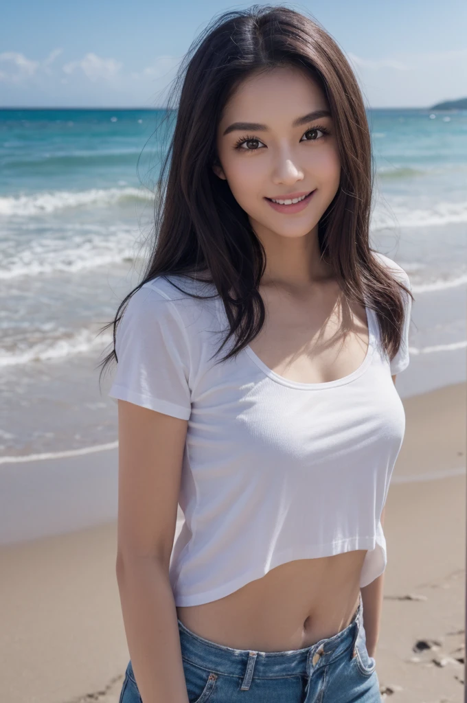 One lady、((best qualtiy、8k masterpieces:1.3))、foco nítido:1.2、(ultra beautiful faces:1.0)、(shinny skin:1.0)、photos realistic、A dark-haired、Video Lighting、High-definition eyes and face、Video Lighting、Japan actress with Korean-style makeup、from the front side、medium breasts、Smile、Slender Abs Beauty、Whole body、wearing t-shirts、On the beach in the morni