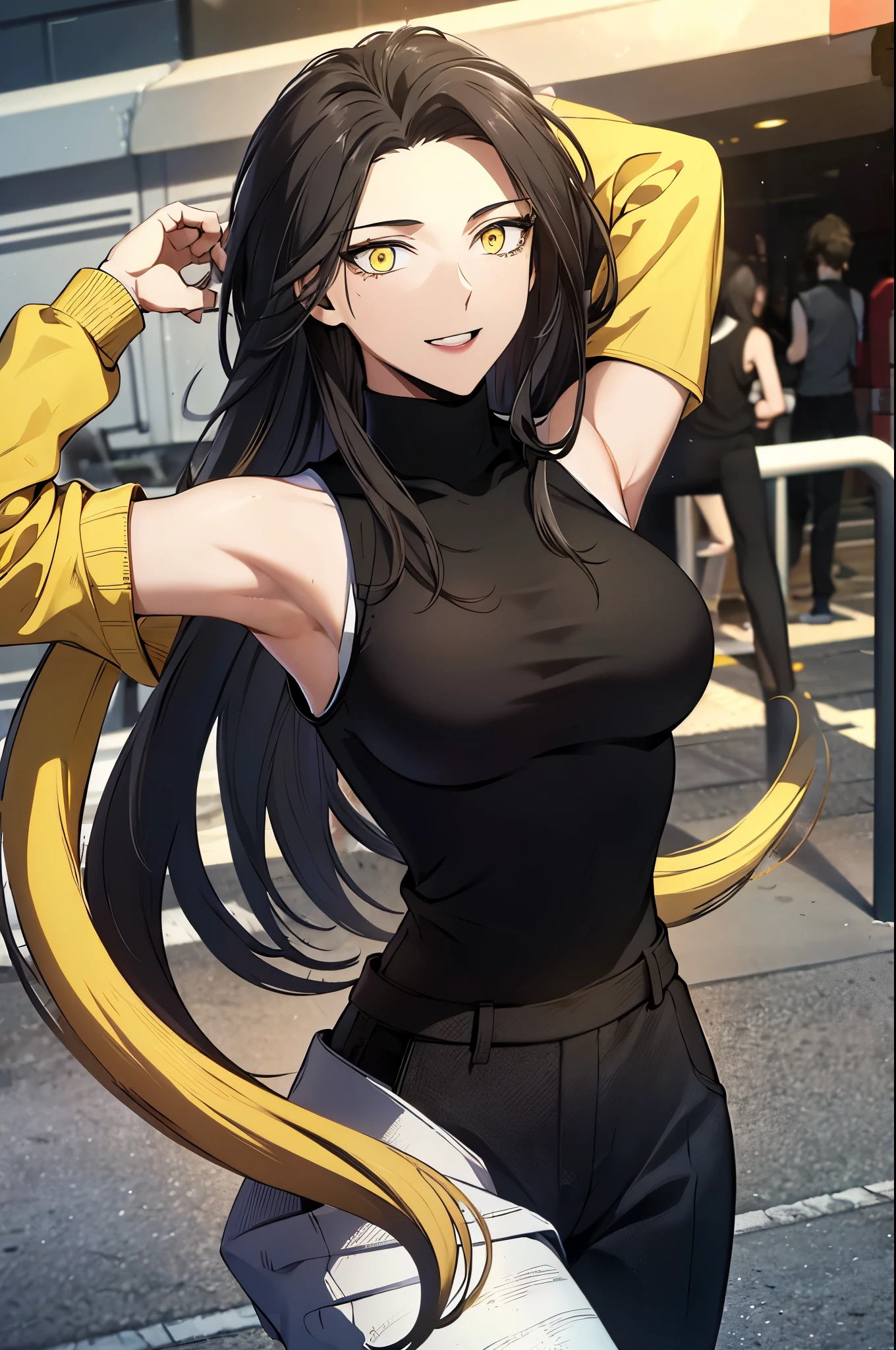 black hair,masterpiece,best quality,highres,ultra-detailed,aashizue,yellow eyes,long hair,(sweater:1.2),(turtleneck:1.2),street,smile,standing,(sleeveless:1.4),arm_behind_head,arms_up,cowboy shot,
