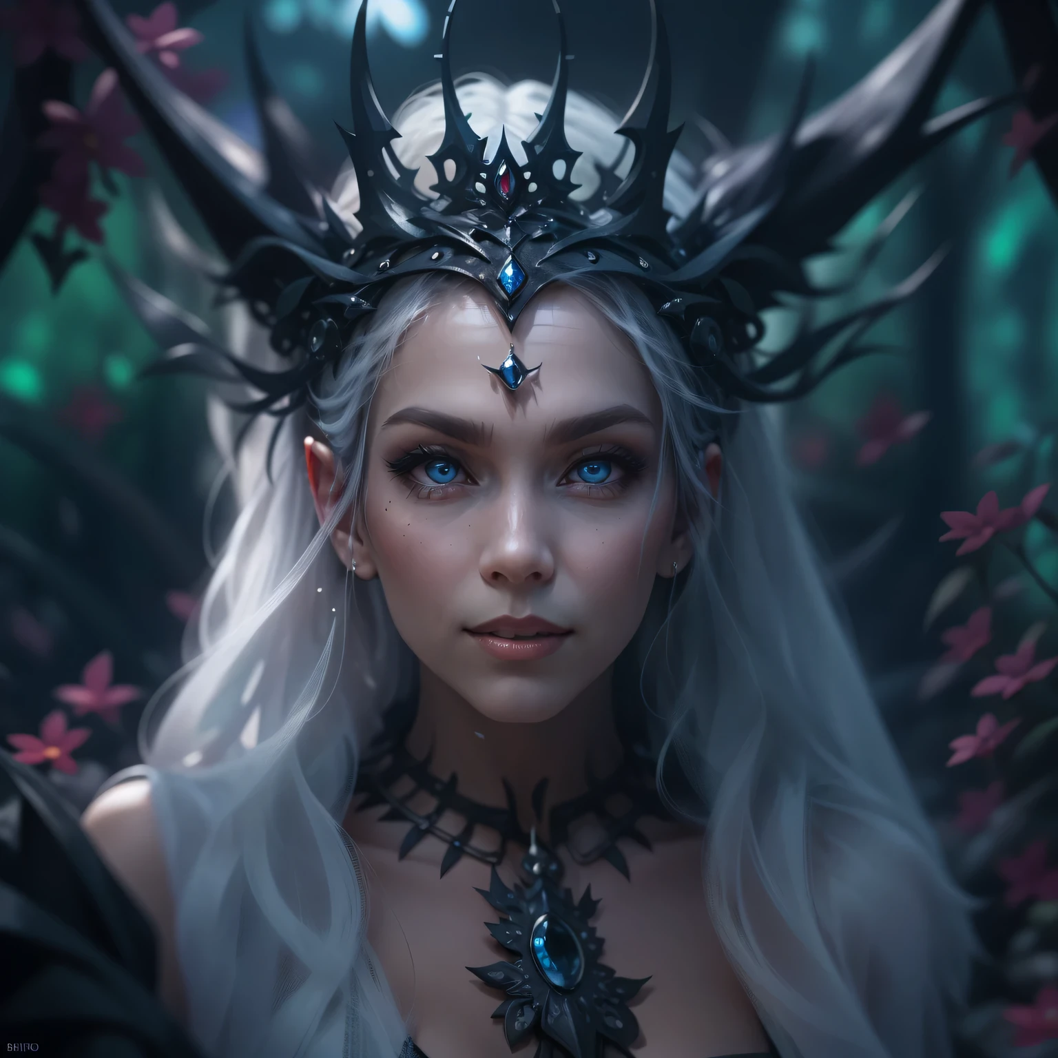 (best quality,4K,8k,high resolution,masterpiece:1.2),Super detailed,(actual,photoactual,photo-actual:1.37),Gothic,portrait,night elf queen,sharp focus,blue eyes,Flowing white hair,Salient features,Detailed lips,dark skin,mysterious smile,thorn crown,exquisite jewelry,long and pointed ears,charming gaze,black lace dress,veil,Moonlight Garden,Forest background under moonlight,Moonlight casts shadows,dark aura,Stylish design,ethereal beauty,nipple process,The presence of majesty,charming gaze,subtle glow,ethereal light