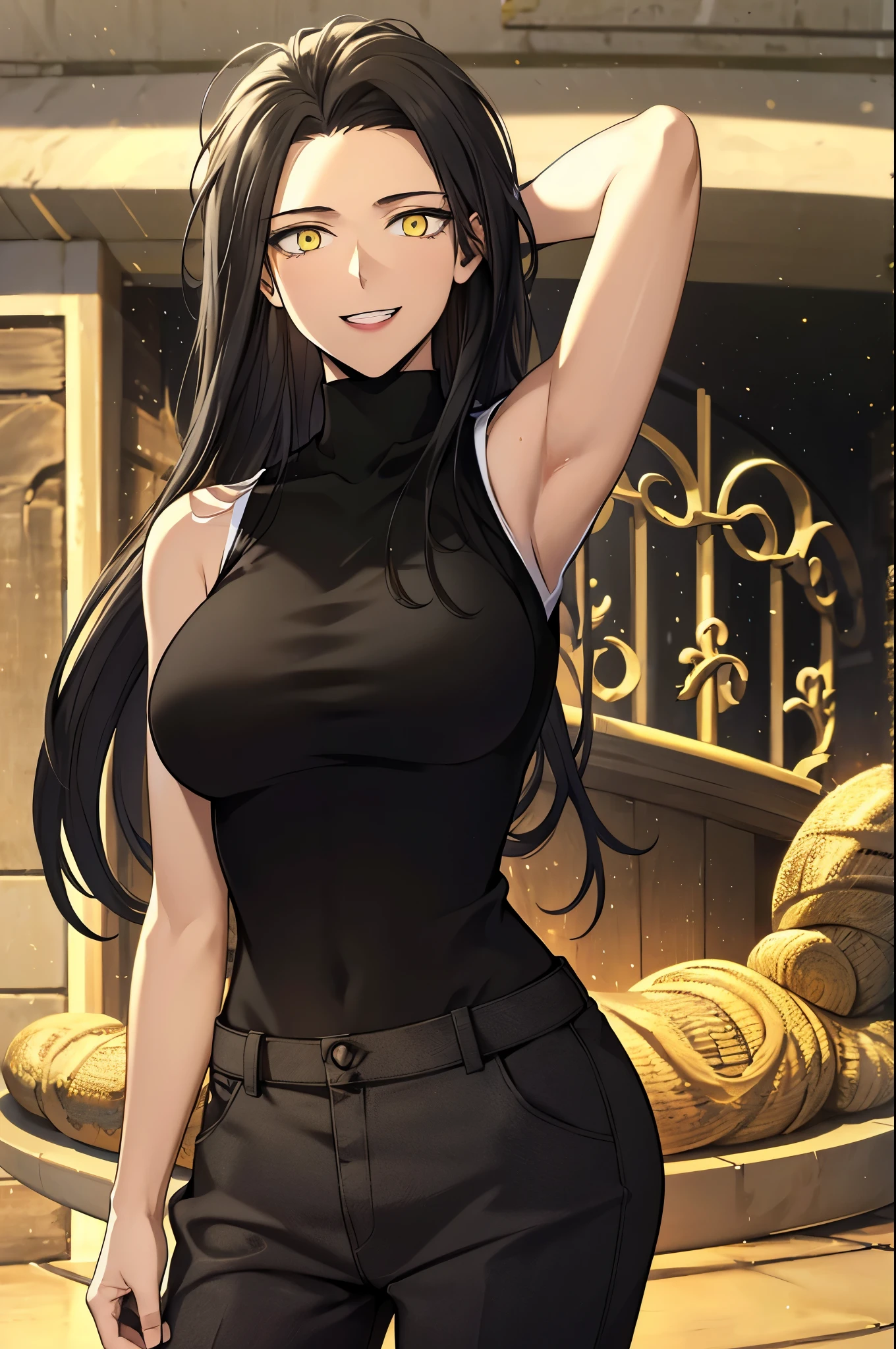 black hair,masterpiece,best quality,highres,ultra-detailed,aashizue,yellow eyes,long hair,(sweater:1.2),(turtleneck:1.2),street,smile,standing,(sleeveless:1.4),arm_behind_head,arms_up,cowboy shot,
