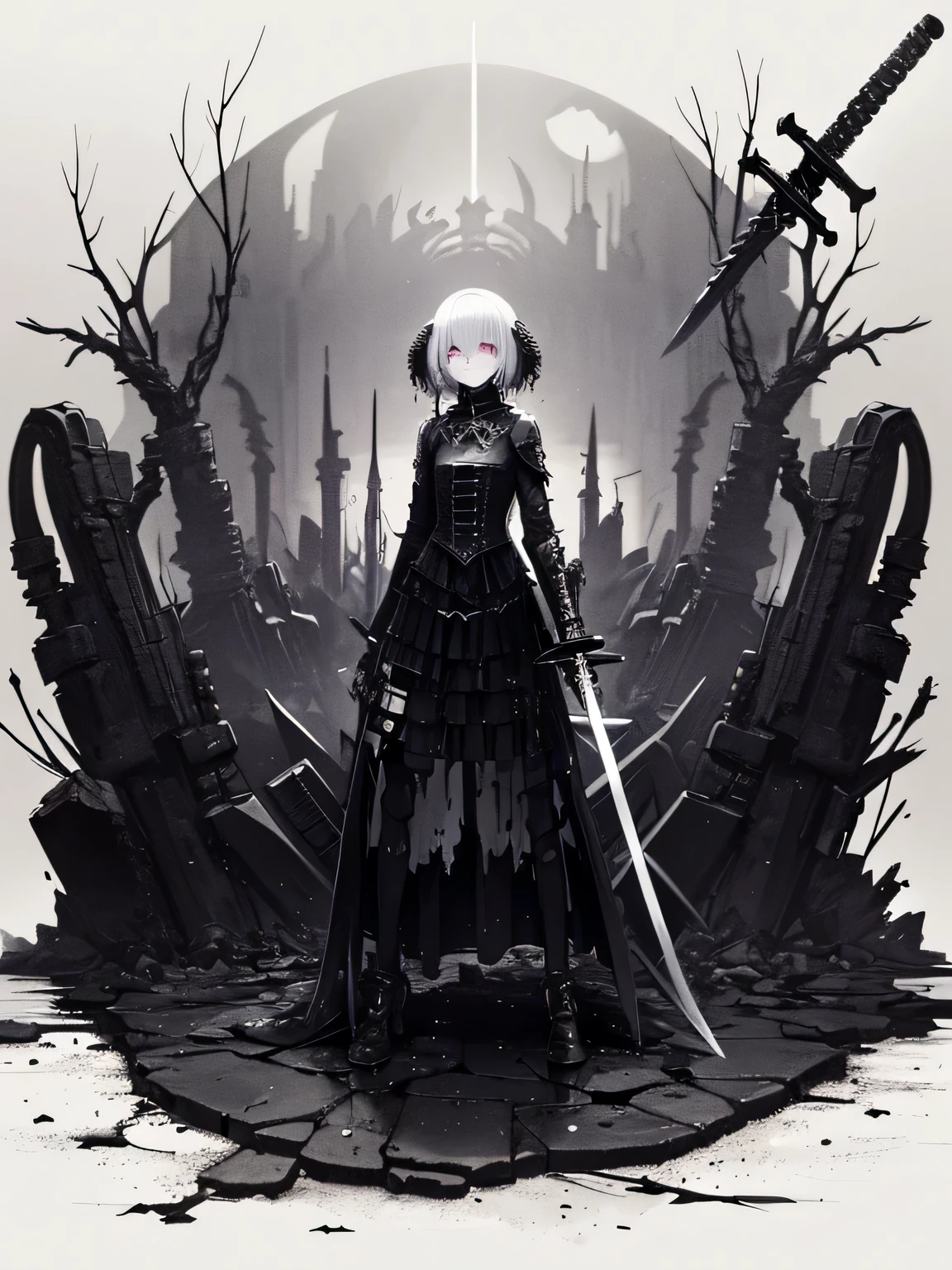 (dark biopunk art), ((hopeless tentacle horror fantasy)), dark anime girl, short white hair, (dark black liquid eyes), black wounds, ((broken massive sword)), broken broad swords, broken steel skirt, cracked long iron skirt, broken breastplate, black oil fluids, devastated environment, old shelter, desolated, very detailed art, very detailed background