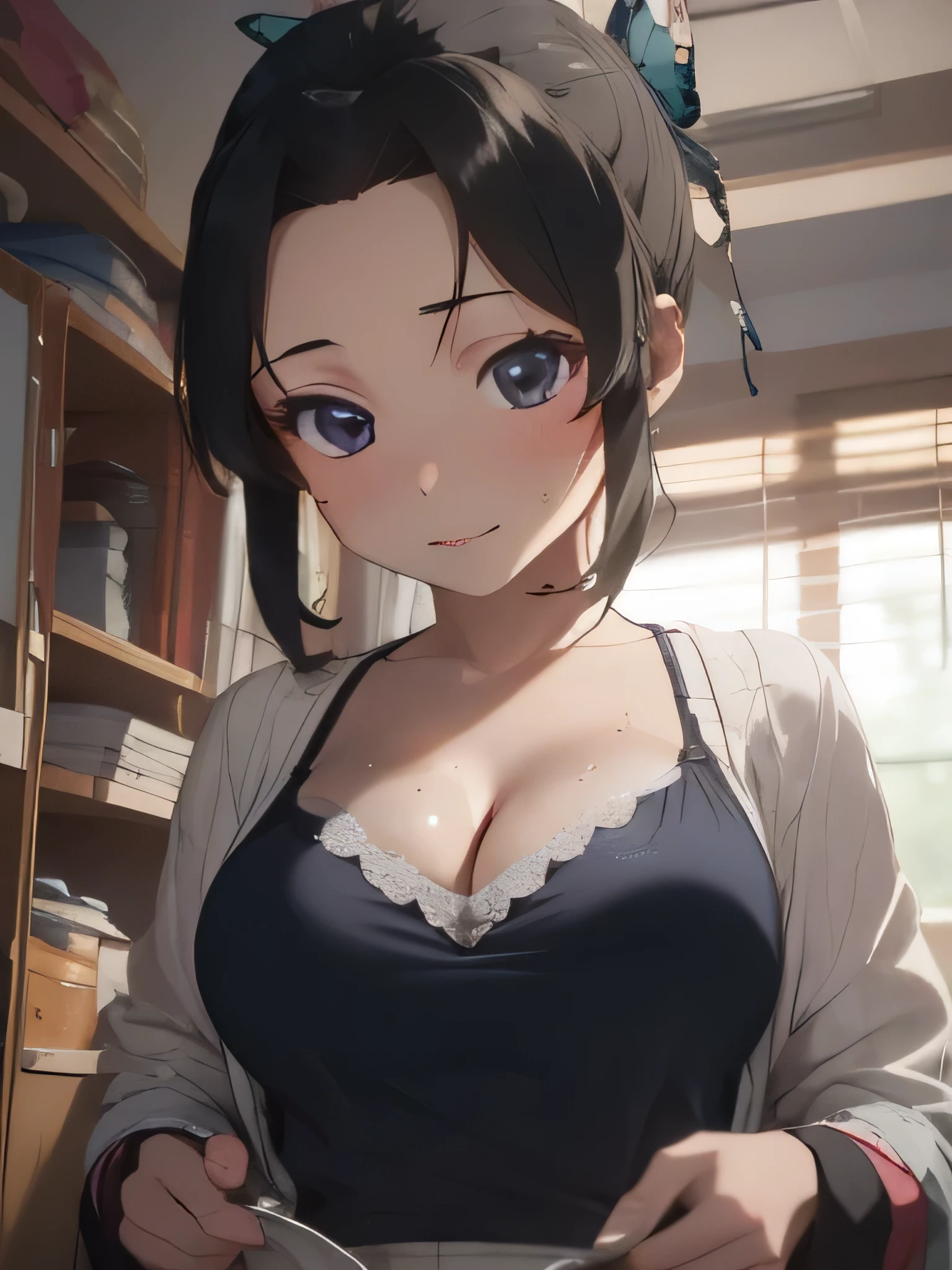 (look down, shoot from below:1.2), (masterpiece, highest quality, Detailed details, 16k:1.1), (Big breasts that are about to burst), look down on with contempt, disgust, laugh at, white skin, sweaty skin, camisole, indoor, Bedroom