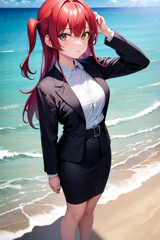 1girl, ikuyo kita, beach background, beach, suit, office lady, black skirt, black blazer, pencil skirt, skirt suit, medium length skirt, white shirt, collared shirt, long hair, teenager, looking at viewer, full body