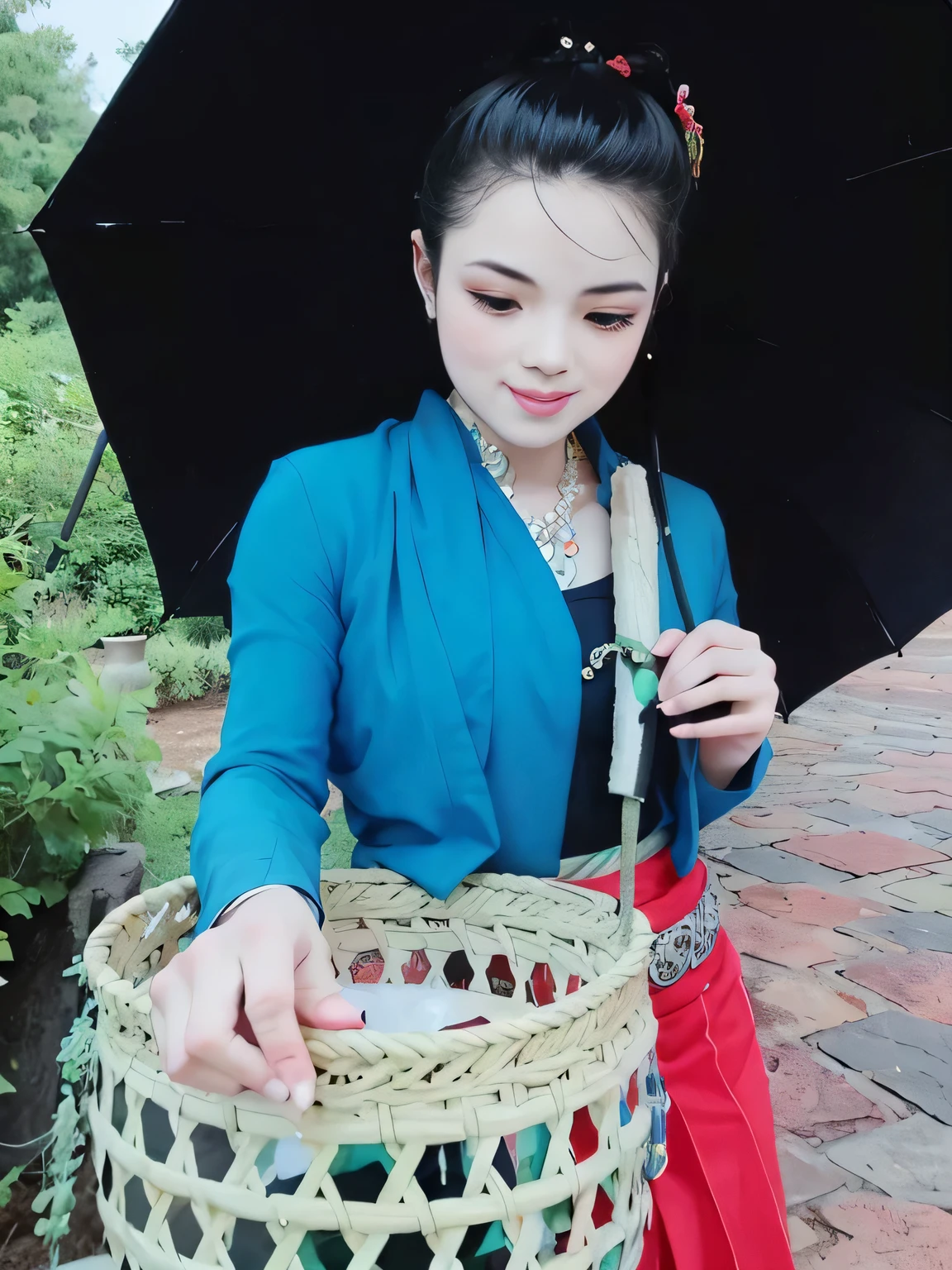 there a woman holding a basket with a black umbrella, traditional art, nivanh chanthara, traditional beauty, potrait, in style of thawan duchanee, beautiful image, photo taken in 2 0 2 0, in style of lam manh, nuttavut baiphowongse, gorgeous lady, traditional, beautiful lady, beautiful girl