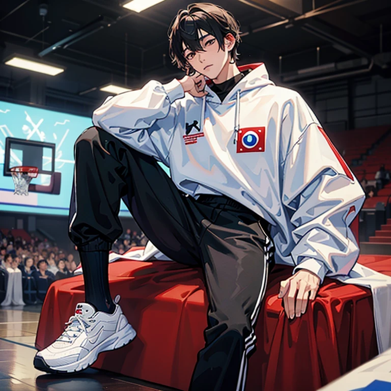1 Korean young men,male,20 years old,High,Height 180 cm,Hair medium length,White sweatshirt,black long pants,White high top basketball shoes,White sport socks,Sit on the basketball court,Feet reach for the lenadass anime 4k ,POV perspective,Proud,Cold,looking into camera,