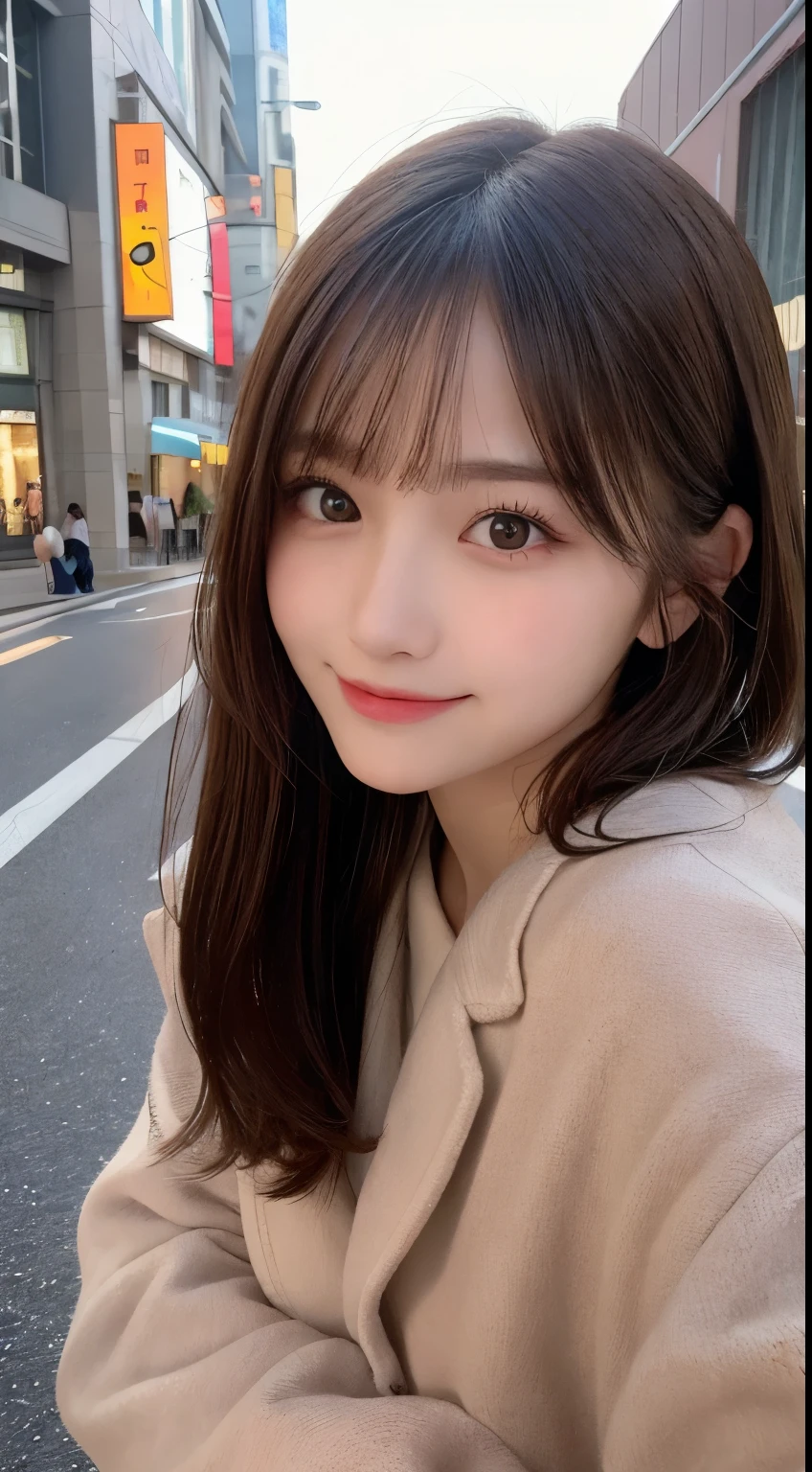 table top, highest quality, figure, super detailed, finely, High resolution, 8k wallpaper, 完璧なダイナミックな構figure, beautiful and fine eyes, Latest trendy fashion Tokyo winter clothes,medium hair, small breasts, natural color lip,smile,20 year old girl、midnight、beautiful and detailed face、perfect and beautiful face、slim face and style,spread your arms wide,Big eyes,Take a photo from below the knees at a face angle、small face、beautiful detailed face、perfect and beautiful double eyelids