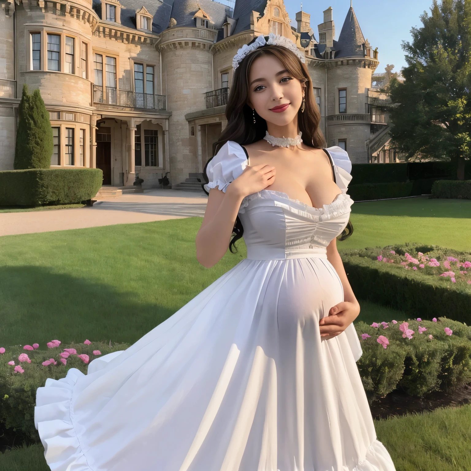 ((masterpiece、highest quality、Award-winning work、8K、Ultra high definition))、(Beautiful and finest royal court prostitute maid princess))、((gorgeous victorian maid dress, huge maid dress,Black and white maid dresses,maid dress with ruffles,gorgeous maid dress,big apron maid uniform,Big DressMaid Costume、Finest and most luxurious maid princess costume、luxurious long skirt, gorgeous victorian maid costume,gorgeous princess maid dress))、((Exterior of the most luxurious and luxurious European castle in the background、The most luxurious and finest castle、elegant posture、fold your hands in front of your belly button、accurate anatomy、The most gorgeous and finest castle))、(emphasize body line、Big breasts that are about to burst、the biggest smile when you look at me)、pregnancy