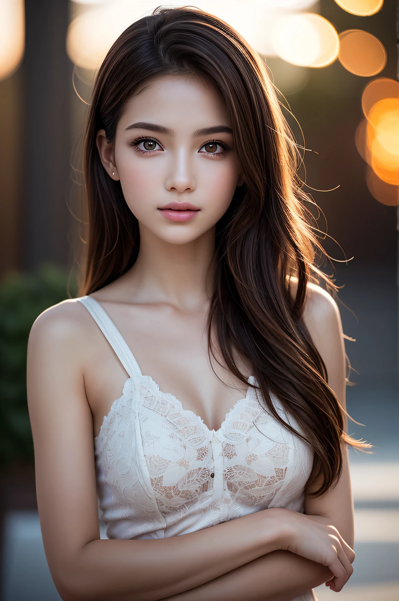 (best quality), (ultra-detailed), (llustration), (detailed light), (an extremely delicate and beautiful), ***ung girl, brown hair, brown eyes, model, bare shoulders, best quality, extremely detailed CG unified 8k wallpaper, High-definition raw color photos, professional photograpy, (((Bokeh))), depth of fields, twilight, sunset,