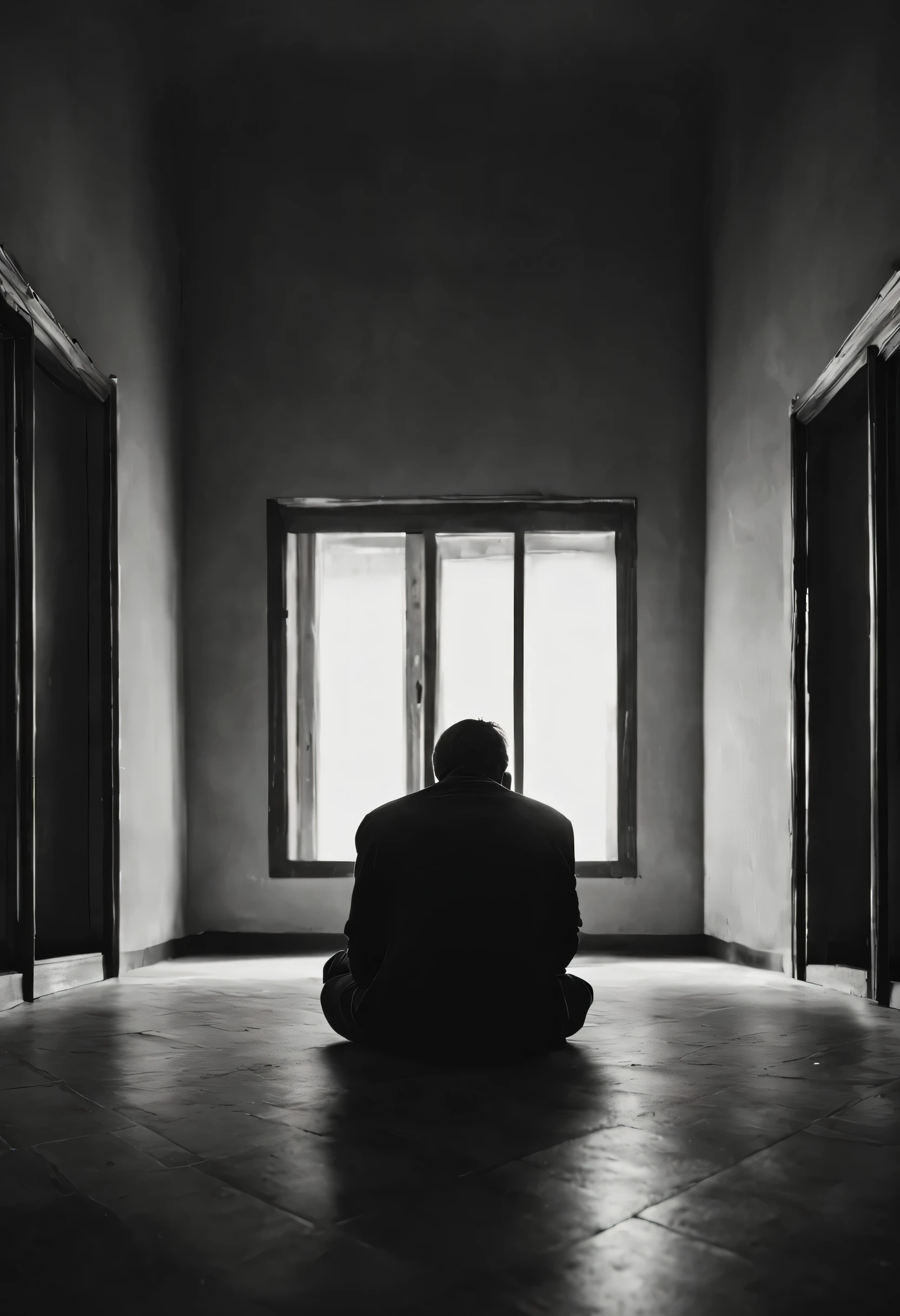 a man sitting on the floor alone in the dark room