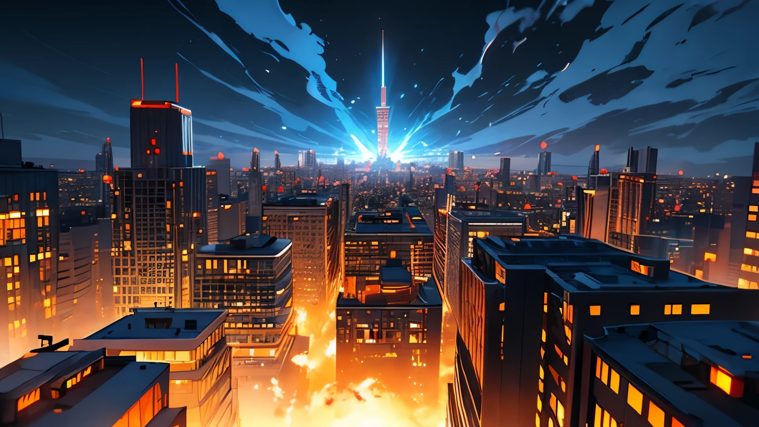 Create a visually stunning and immersive cinematic anime shot of a burning city. The scene should be portrayed from an aerial perspective, capturing the view from above. Pay attention to fine details, ensuring that the city appears to be engulfed in flames with billowing smoke rising into the sky. The shot should convey a sense of chaos and destruction, with buildings and structures ablaze. Consider incorporating dynamic camera movements to enhance the cinematic effect, such as sweeping pans or tracking shots. Ensure that the animation showcases the intensity and scale of the fire, with realistic flames and glowing embers. Additionally, focus on capturing the atmosphere and mood of the scene, using lighting techniques to convey the eerie glow of the fire and the darkness of the surrounding areas. Take advantage of the capabilities of the animation medium to add dramatic effects, such as sparks or falling debris, which will further enhance the overall impact of the shot. Aim for a high level of realism while maintaining the stylistic elements of anime.