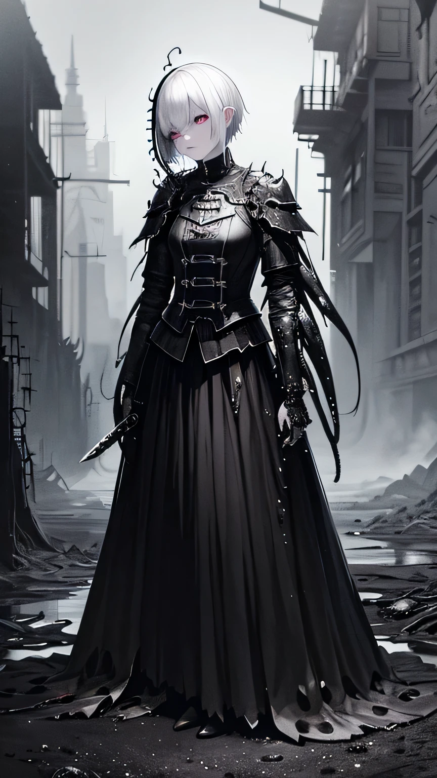 (dark biopunk art), ((hopeless tentacle horror fantasy)), dark anime girl, short white hair, (dark black liquid eyes), black wounds, ((broken massive sword)), broken broad swords, broken steel skirt, cracked long iron skirt, broken breastplate, black oil fluids, devastated environment, old shelter, desolated, very detailed art, very detailed background