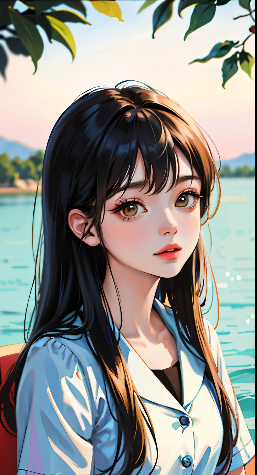 Anime girl sitting under a tree looking at the water, visual anime de una linda chica, portrait of linda chica anime, lindo arte digital detallado, retrato de estilo anime, hermoso retrato animado, digital anime illustration, linda chica anime, retrato detallado de chica anime, anime style illustration, retrato realista kawaii, linda chica anime portrait, fanart detallado, joven chica anime, arte de anime digital detallado