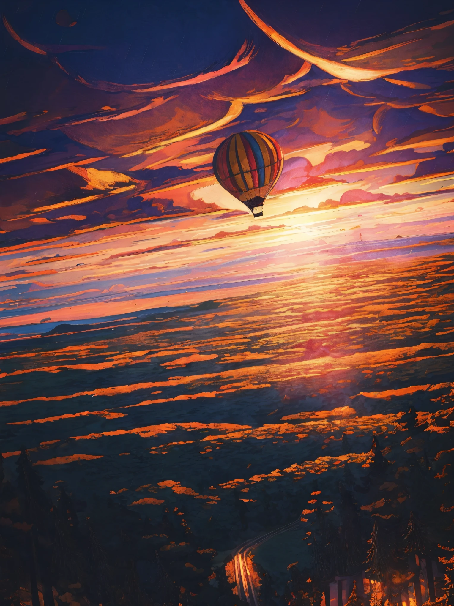 hot air balloon very big floating in the sky, golden glow, mesmerizing scenery, breathtaking view, sparkling fabric, intricate details, enchanting sunset, whimsical clouds, panoramic landscape, dreamlike atmosphere, graceful movement, majestic presence, ethereal adventure, magical journey, glamorous experience, gentle breeze, picturesque backdrop, opulent design, exquisite craftsmanship, radiant glow, opalescent hues, golden hour, serene horizon, floating above the clouds, tranquil escape, luxurious escape, peaceful ambiance