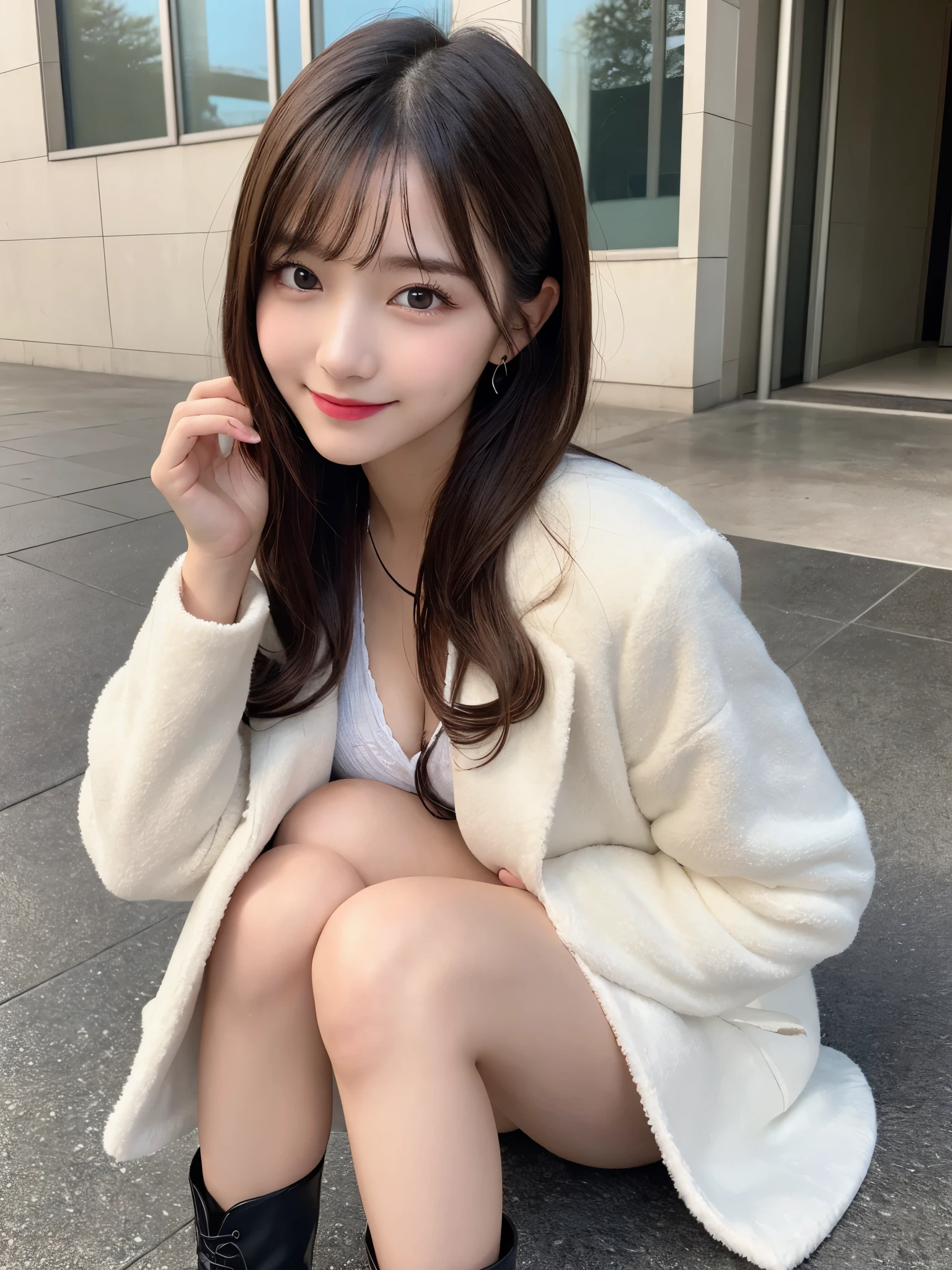 finely, High resolution, high quality、完璧なダイナミックな構figure, beautiful and fine eyes, , small breasts、natural color lip、20 year old girl、1 person、transparent skin、shining hair, 最high quality, figure, super detailed, finely, High resolution, 8K、correct state of the human body、random cute hairstyle,beautiful feet,perfect beautiful face,KPOP idol face,smile、far coat、Knee-high boots