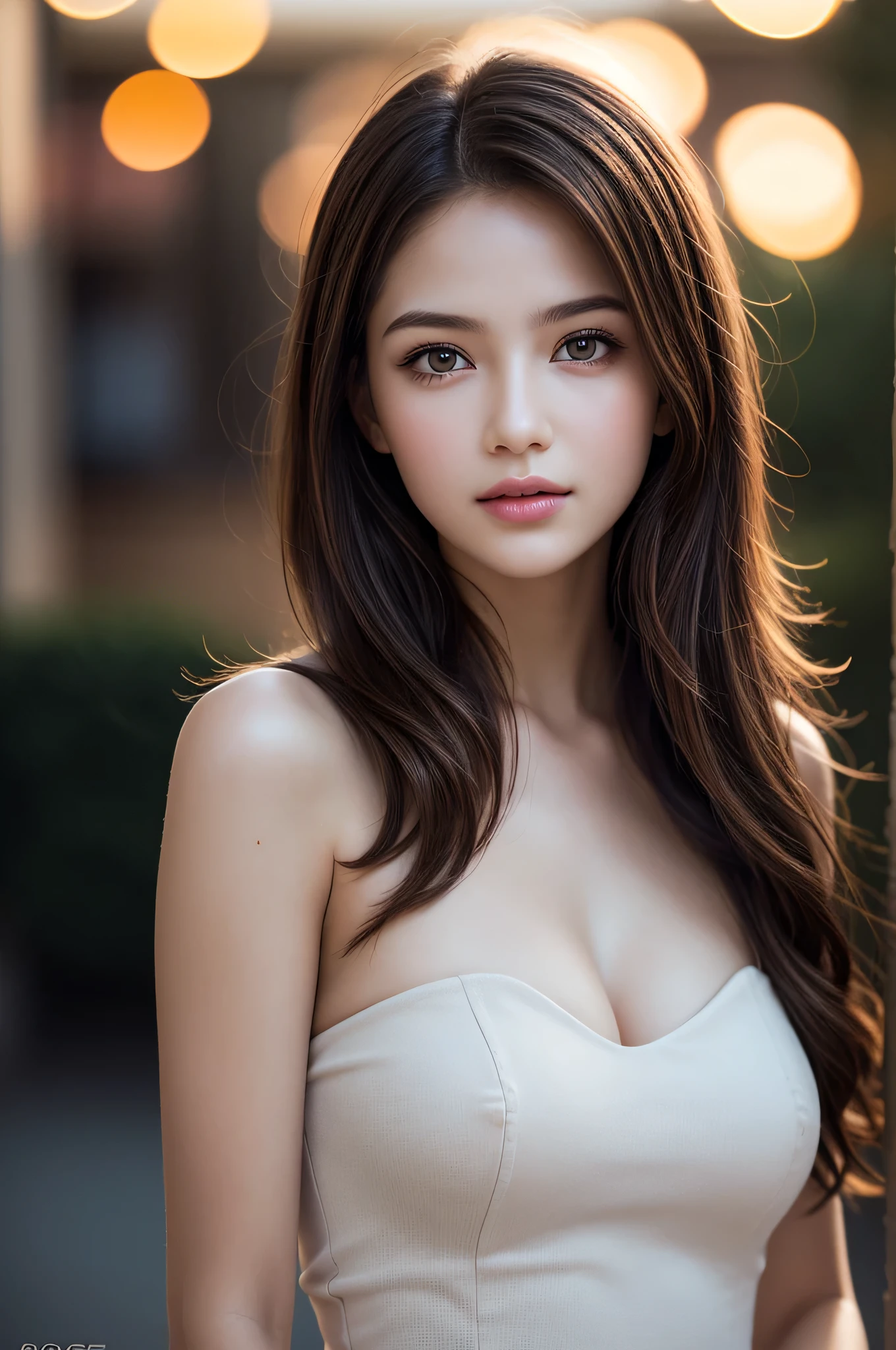 (best quality), (ultra-detailed), (llustration), (detailed light), (an extremely delicate and beautiful), 1young girl, brown hair, brown eyes, model, bare shoulders, best quality, extremely detailed CG unified 8k wallpaper, High-definition raw color photos, professional photograpy, (((Bokeh))), depth of fields, twilight, sunset,