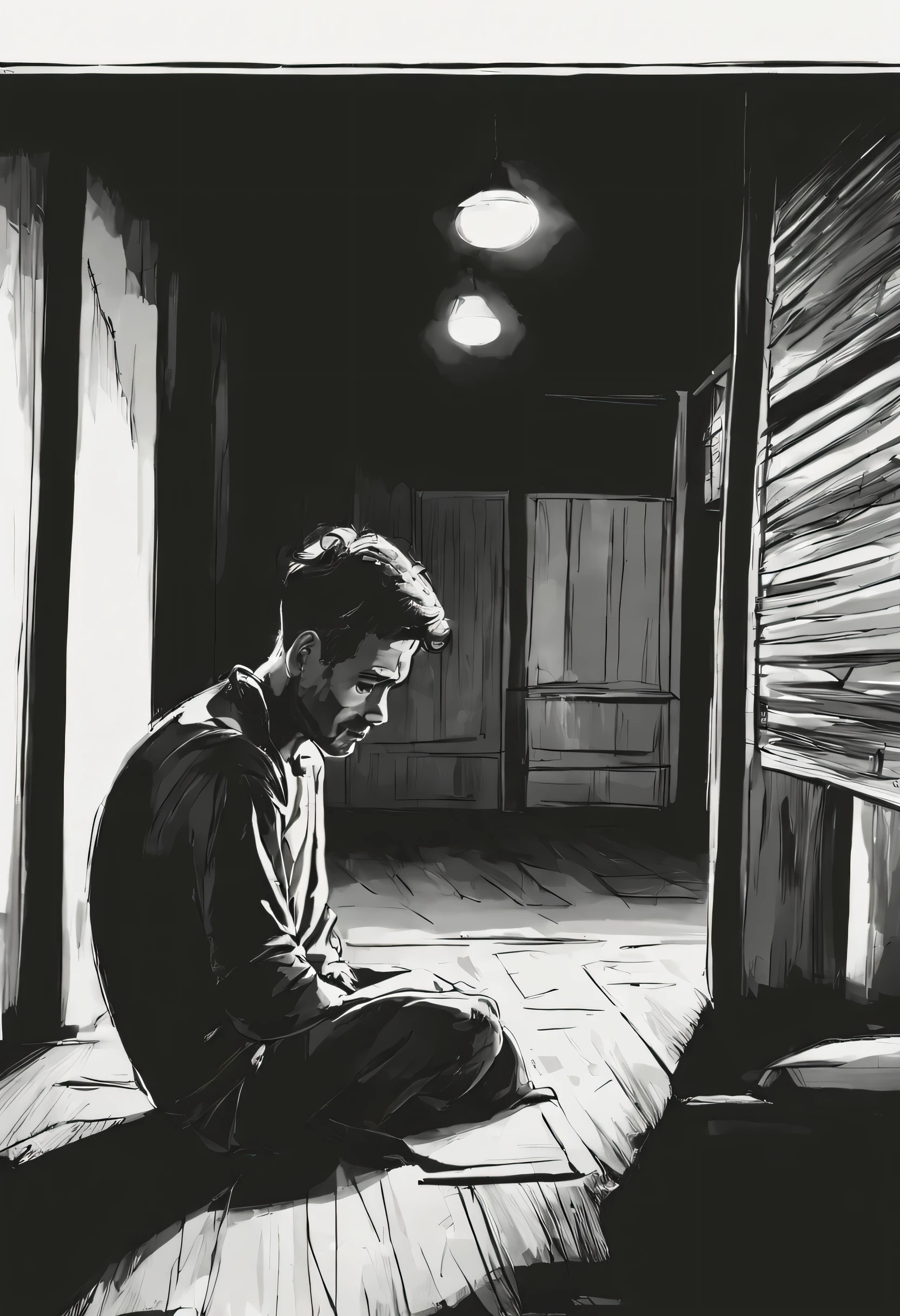 a man sitting on the floor alone in the dark room
