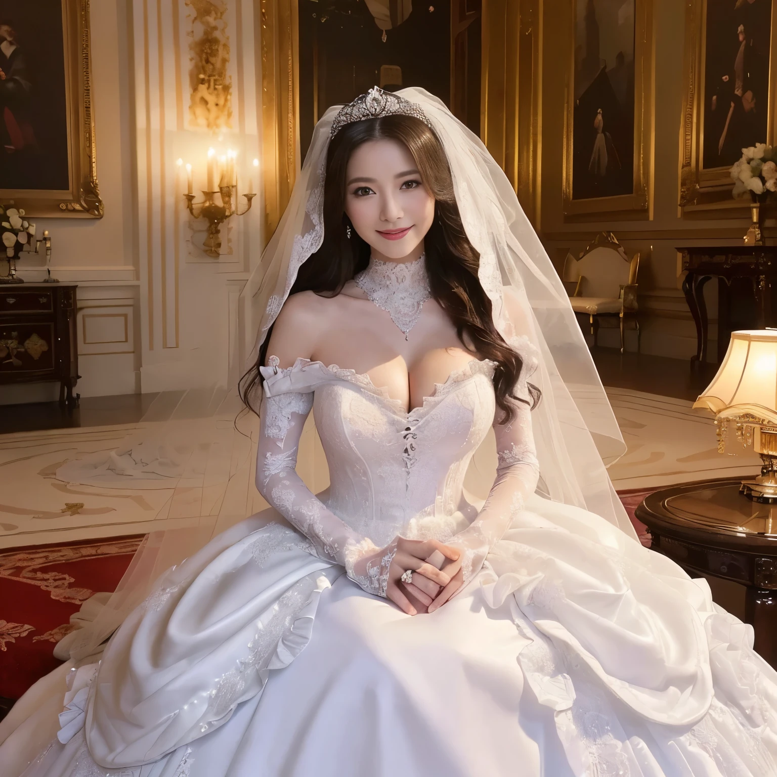 ((masterpiece、highest quality、Award-winning work、8K、Ultra high definition))、(Beautiful and finest royal bride maid princess))、((The most luxurious and high-class wedding maid princess、Finest and most extravagant ruffled black and white maid princess bridal gown、finest wedding lace))、((Get married in one of the most luxurious and luxurious European castles、Weddings in the most luxurious and finest castles、Countless petals dance、A maid gets married with great blessings、elegant posture、accurate anatomy、The most gorgeous and finest castle))、(emphasize body line、Big breasts that are about to burst、the biggest smile when you look at me)