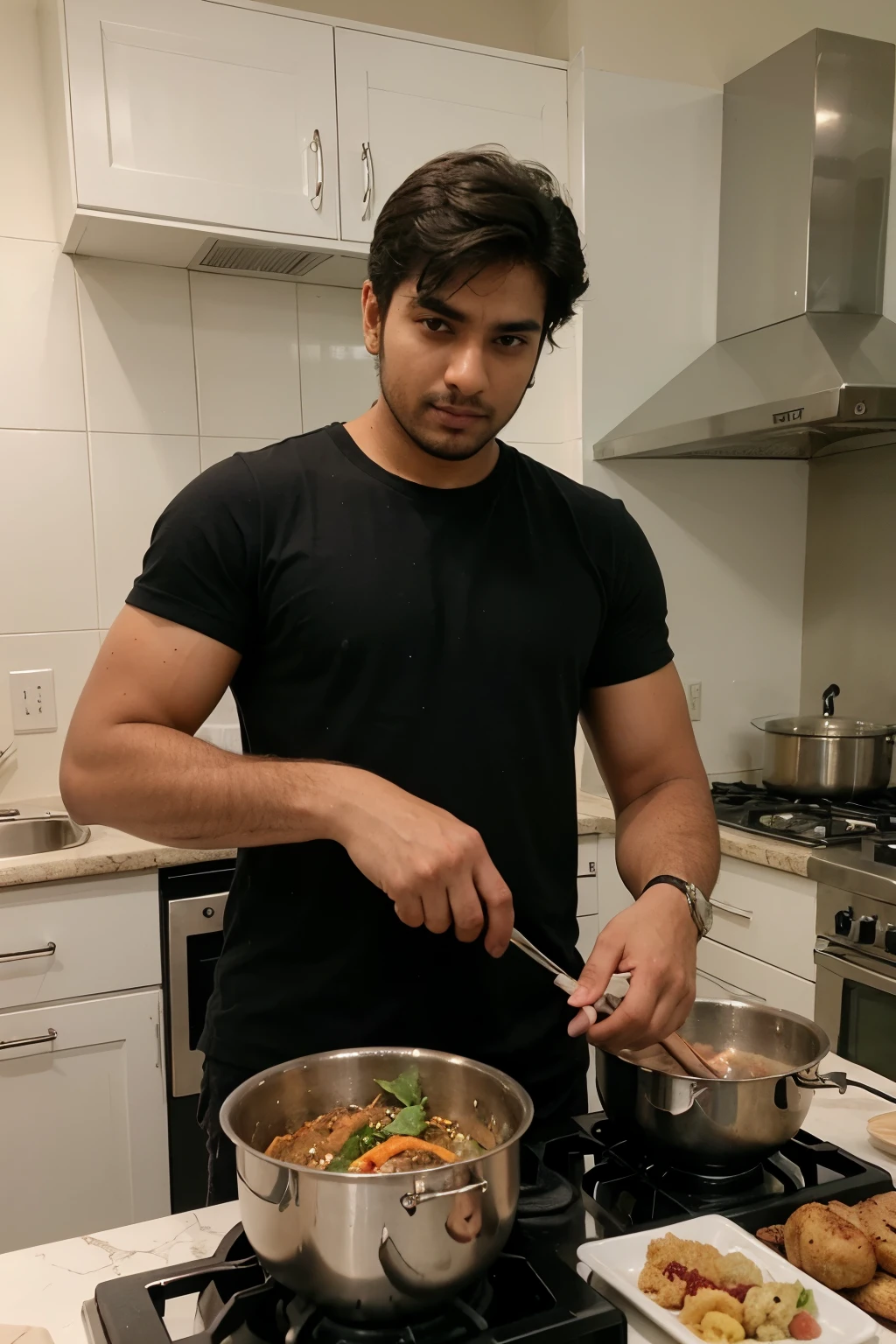 A Indian guy handsome good looking instgram DP, short hair , cooking  Indian home 