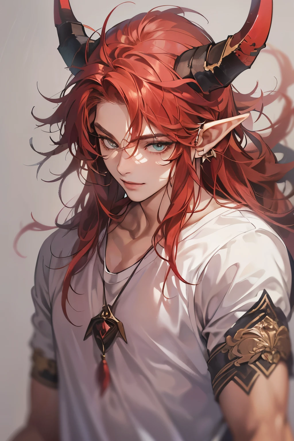 (table top, digital art, digital illustration, 4K, 8K, super detailed, beautiful images, clear image, realistic, RAW photo, perfect face, perfect lines, perfect eyes, soft lighting) 1 male human, (Red hair、long hair、amber eyes,messy hair、Bullish look,Smile confidently、Demons、Two black horns grow from its head.、Pointed elf-like ears、32 years old:1.3),ハンサムなmale性, (White t-shirt with dowel dowel、vest、muscular、Thin macho,Firm shoulder width, male:1.2),Sit on a throne with your legs crossed