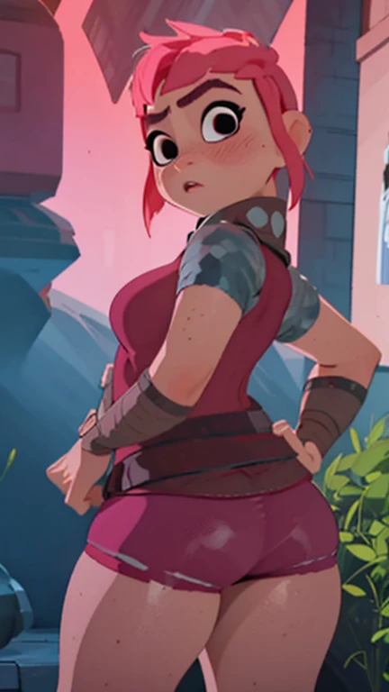 (Best quality, ultra detailed, masterpiece, 1girl), ((((solo)))), ((rear view)), Human, female, nimona, (making a sexy pose), ((looking at viewer)), black eyes, (((blushing))), (pink hair), sharp, large breasts, (wide hips, thick thighs, thick legs), sharp eyes, perfect eyes, ((wearing crimson shorts, a red t-shirt, a black collar)), in a street, at midnight, dark night