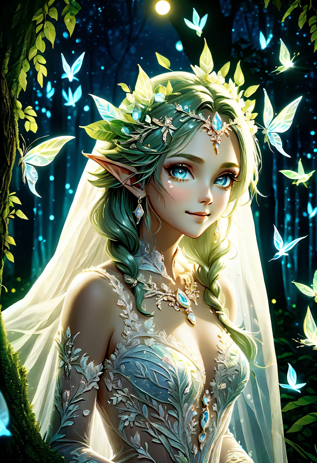 Horizontal view oF the eyes, close up, portrait, young and beautiFul light elves shining all over, shining brightly, and looking very beautiFul. They are usually mild-mannered, are cheerFul and enthusiastic, Can communicate with trees, Flowers and plants, Fish and birds, and  an elf. They have a perFect Figure, radiant skin, expressive eyes, High cheekbones, Delicate nose, bright smile, Flowing hair, Wearing an exquisite lace wedding dress, standing in the moonlight Forest at night, Shot in advertising style, romantic wedding photography style, and soFt natural light, Filmed on Canon AE-1 Film camera, Lens 50mm, F/1.8, light depth oF Field, pastel color palette, Very detailed, 8k ,