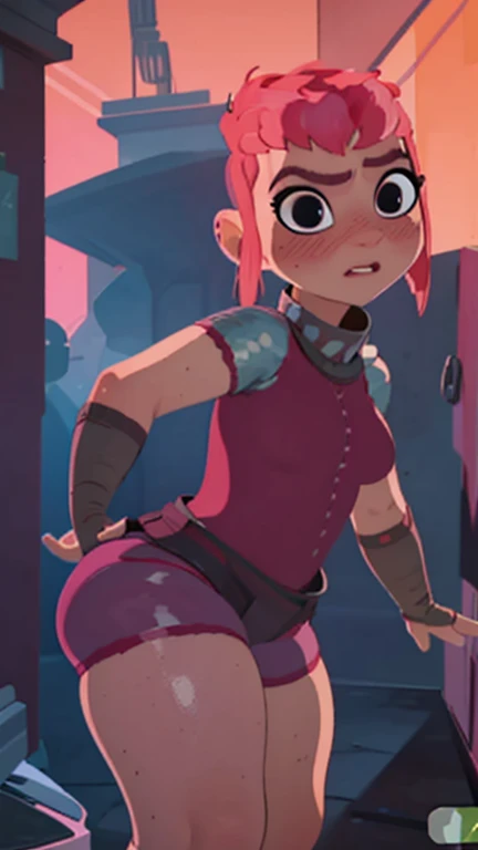 (Best quality, ultra detailed, masterpiece, 1girl), ((((solo)))), ((rear view)), Human, female, nimona, (making a sexy pose), ((looking at viewer)), black eyes, (((blushing))), (pink hair), sharp, large breasts, (wide hips, thick thighs, thick legs), sharp eyes, perfect eyes, ((wearing crimson shorts, a red t-shirt, a black collar)), in a street, at midnight, dark night