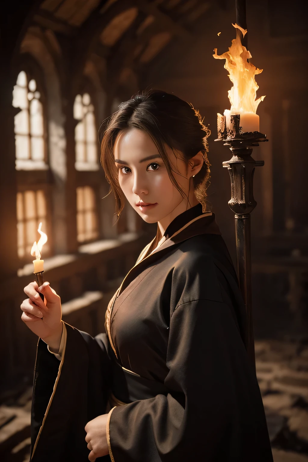 (highest quality,8K,masterpiece),
dynamic shot,magician,Pose with movement,dynamic pose,
emit a large flame from your hands,
perfect face,realistic skin,perfect hands,
big breasts,
Wearing monk's clothes,Detailed details,intricate details,
professional lighting,
Inside a burning building,ancient city,Luxurious castle