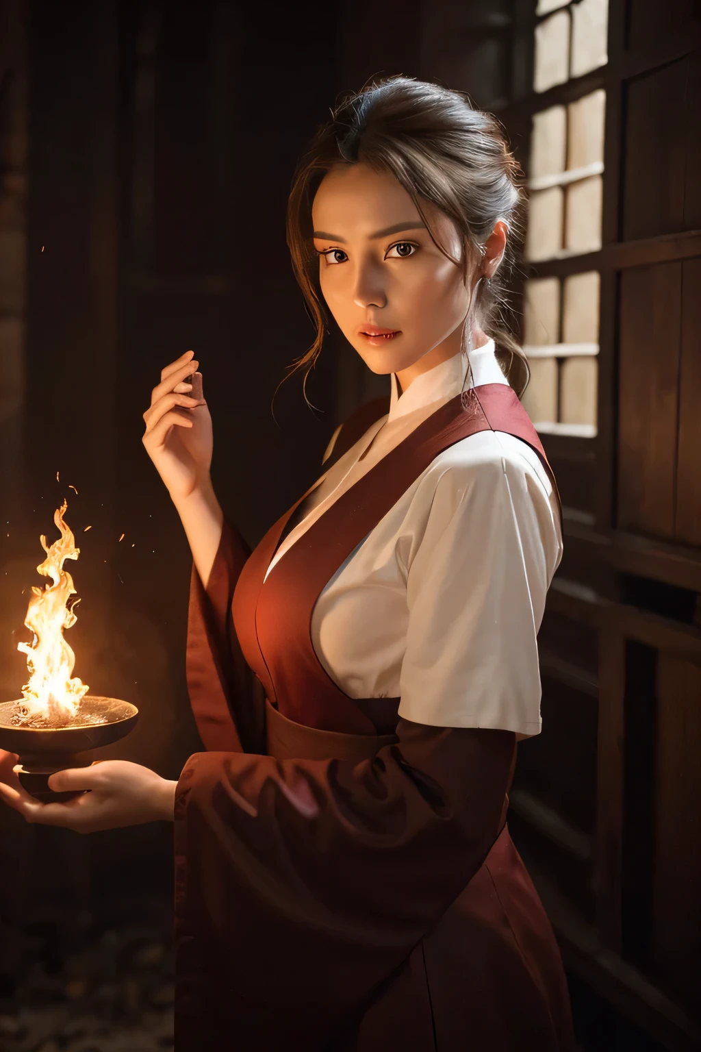 (highest quality,8K,masterpiece),
dynamic shot,magician,Pose with movement,dynamic pose,
emit a large flame from your hands,
perfect face,realistic skin,perfect hands,
big breasts,
Wearing monk's clothes,Detailed details,intricate details,
professional lighting,
Inside a burning building,ancient city,Luxurious castle