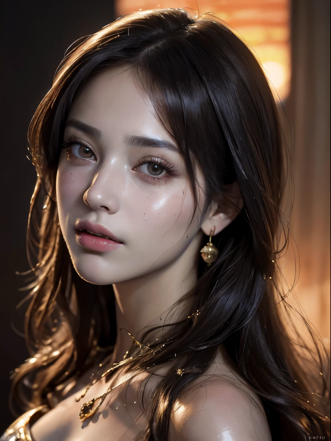 best quality, masterpiece, ultra high resolution, (realistic portrait:2), 1 girl, nose, superwoman evening gown,oiled shiny skin, Beautiful and delicate face, deep shadow, Detailed face, delicate eyes, oiled shiny skin, Sunset