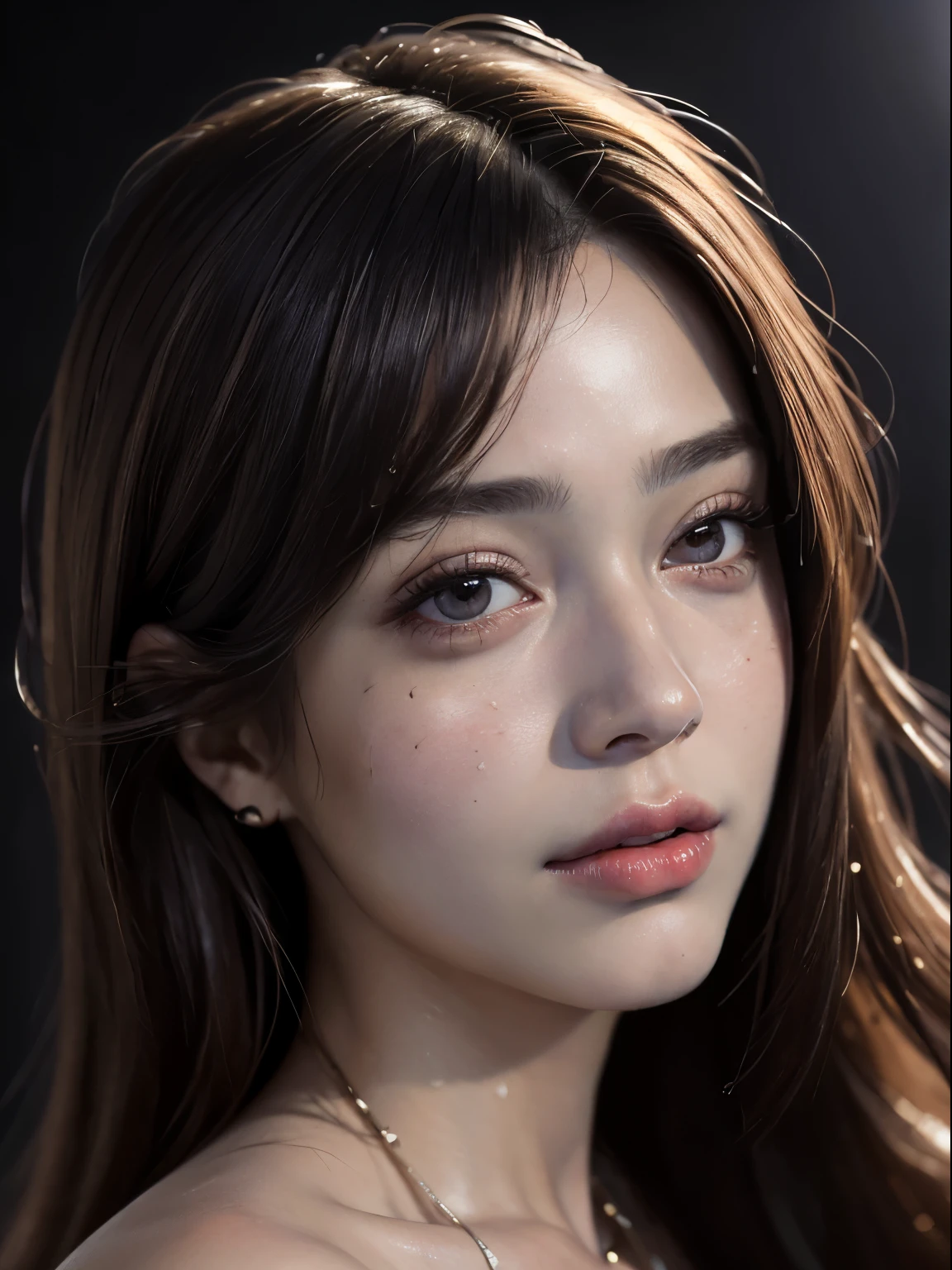 best quality, masterpiece, ultra high resolution, (realistic portrait:2), 1 girl, nose, superwoman evening gown,oiled shiny skin, Beautiful and delicate face, deep shadow, Detailed face, delicate eyes, oiled shiny skin, Sunset