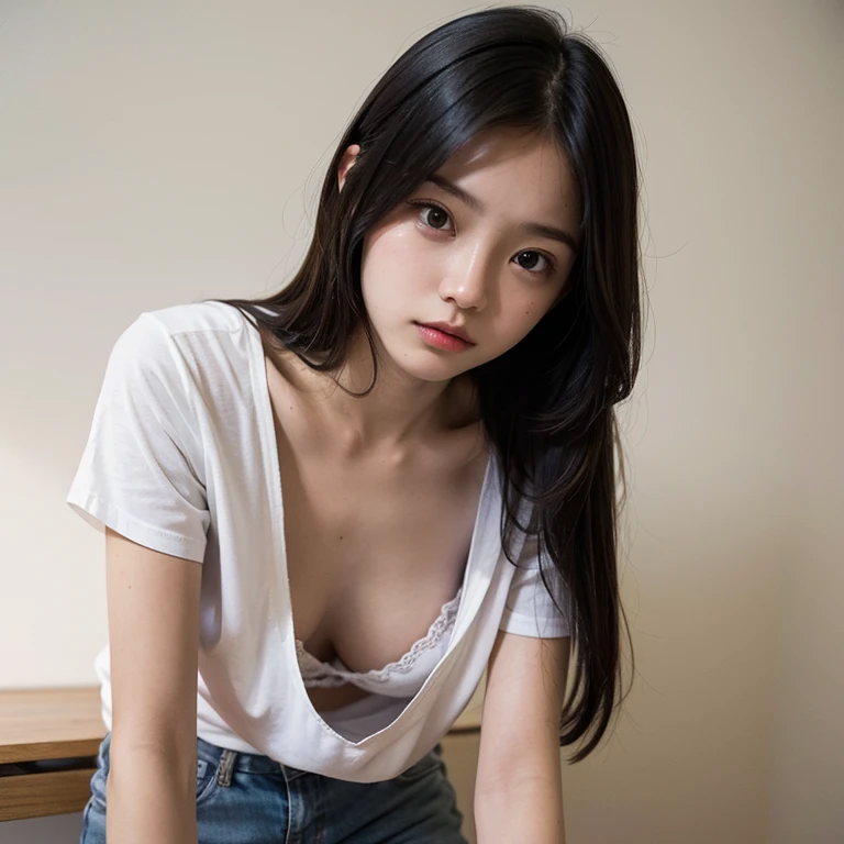 1girl, downblouse, 15yo, munechira, small breasts, small chest, looking down, leaning forward, expressionless, casual t shirt plus decorated detailed bra within,