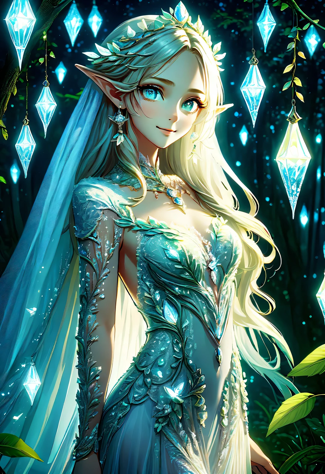 Horizontal view oF the eyes, close up, portrait, young and beautiFul light elves shining all over, shining brightly, and looking very beautiFul. They are usually mild-mannered, are cheerFul and enthusiastic, Can communicate with trees, Flowers and plants, Fish and birds, and  an elf. They have a perFect Figure, radiant skin, expressive eyes, High cheekbones, Delicate nose, bright smile, Flowing hair, Wearing an exquisite lace wedding dress, standing in the moonlight Forest at night, Shot in advertising style, romantic wedding photography style, and soFt natural light, Filmed on Canon AE-1 Film camera, Lens 50mm, F/1.8, light depth oF Field, pastel color palette, Very detailed, 8k AR 3:4-q2-s750