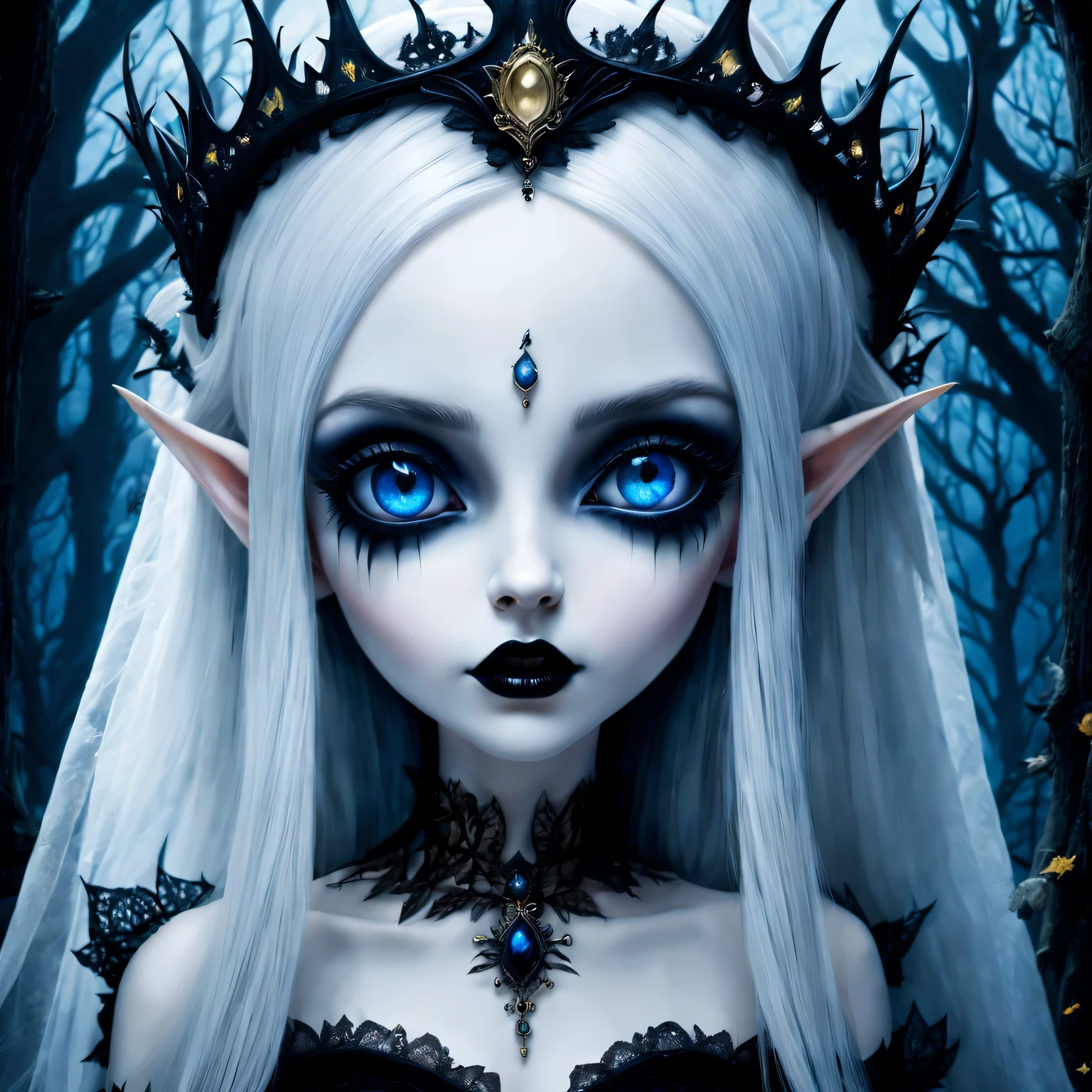Gothic,portrait,night elf queen,sharp focus,blue eyes,Flowing white hair,Salient features,Detailed lips,pale skin,,mystery的微笑,thorn crown,exquisite jewelry,long and pointed ears,charming的目光,black lace dress,veil,Moonlight Garden,Forest background under moonlight,Moonlight casts shadows,dark aura,Stylish design,ethereal beauty,nipple process,The presence of majesty,charming的目光,subtle glow,ethereal light.masterpiece, best quality, (High-detail CG unified 8K wallpaper) (best quality), (Best Illustration), (best shadow) nature,Sky, cloud, Delicate leaf petals fall in the air,track, super detailed,ultra high resolution, Surrealism, HD, golden ratio,(royal),(enchanted forest),(peaceful),(Peace),(mystery),(grace),(charming),