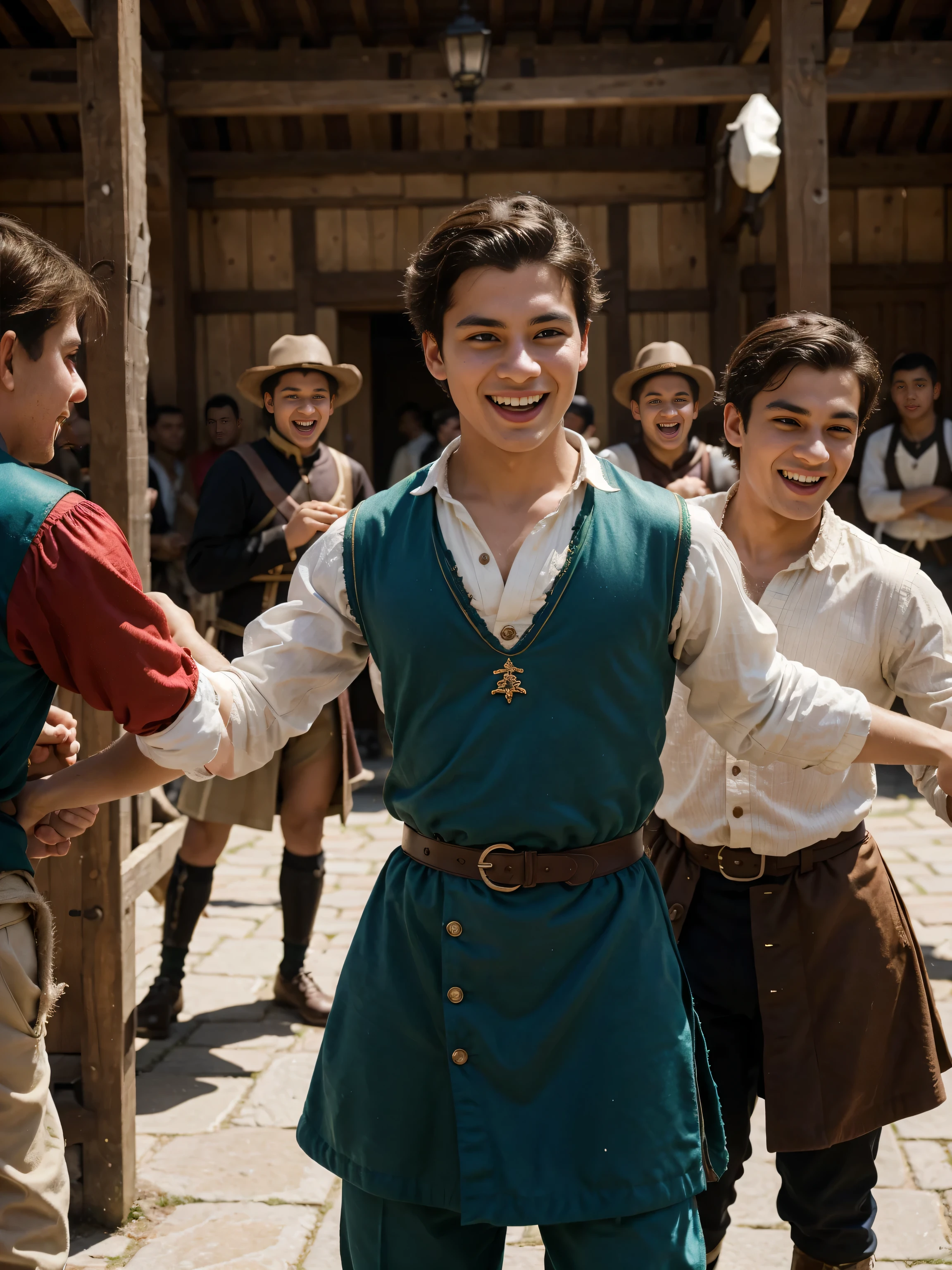 a lively and bustling scene featuring a multitude of young boys, approximately a thousand in number, all dressed in 17th-century attire. Their ages range from to 20 years old, engaged in a playful yet dynamic environment where they are both playing and engaging in friendly bouts of mock fighting. Illustrate the diverse activities, capturing the essence of youthful exuberance and camaraderie amidst the historical setting. Pay attention to the intricacies of their clothing, ensuring a realistic portrayal of 17th-century attire, and convey the energy and joy that emanate from this vibrant gathering of boys.