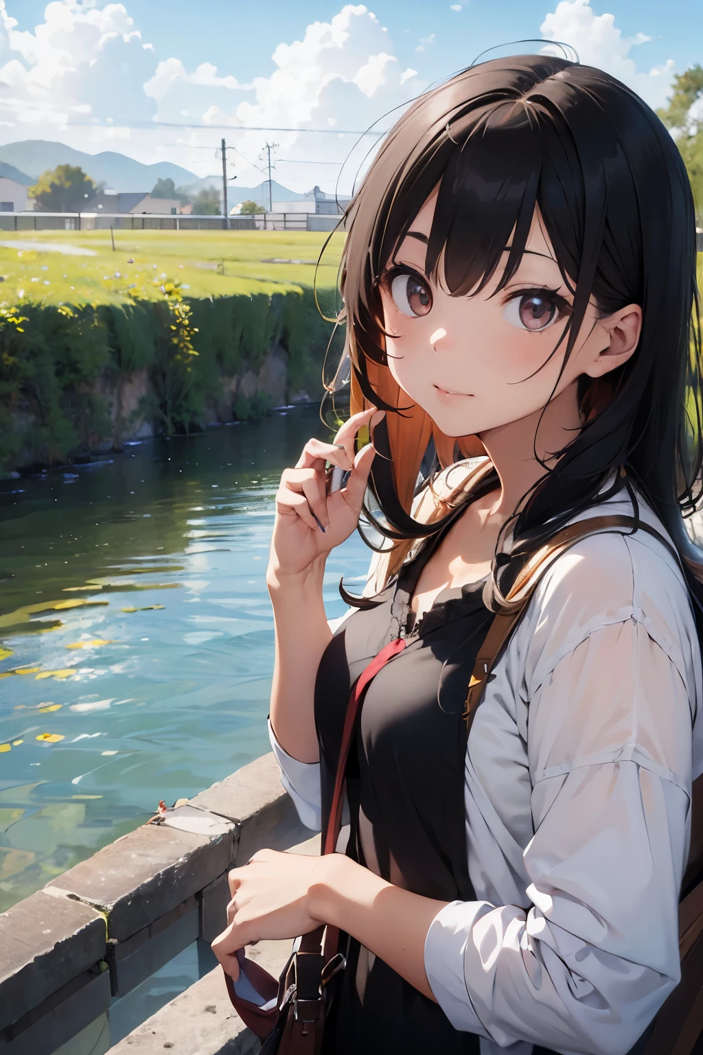 (8K, best quality, master piece: 1.2),super high resolution,1 girl,solo,16yo,ultra-detailed face,detailed eyes,gradient eyes,lash extension,red polka-dot pattern hair ribbon,black hair,braids,blunt bangs,vertical-striped tied green and black shirt,white camisole,red polka-dot pattern layered red Skirt,holding a watermelon ice cream bar,Smiling at the viewer,Sitting on a bench,Professional lighting,High ground with a view of Mt. Fuji