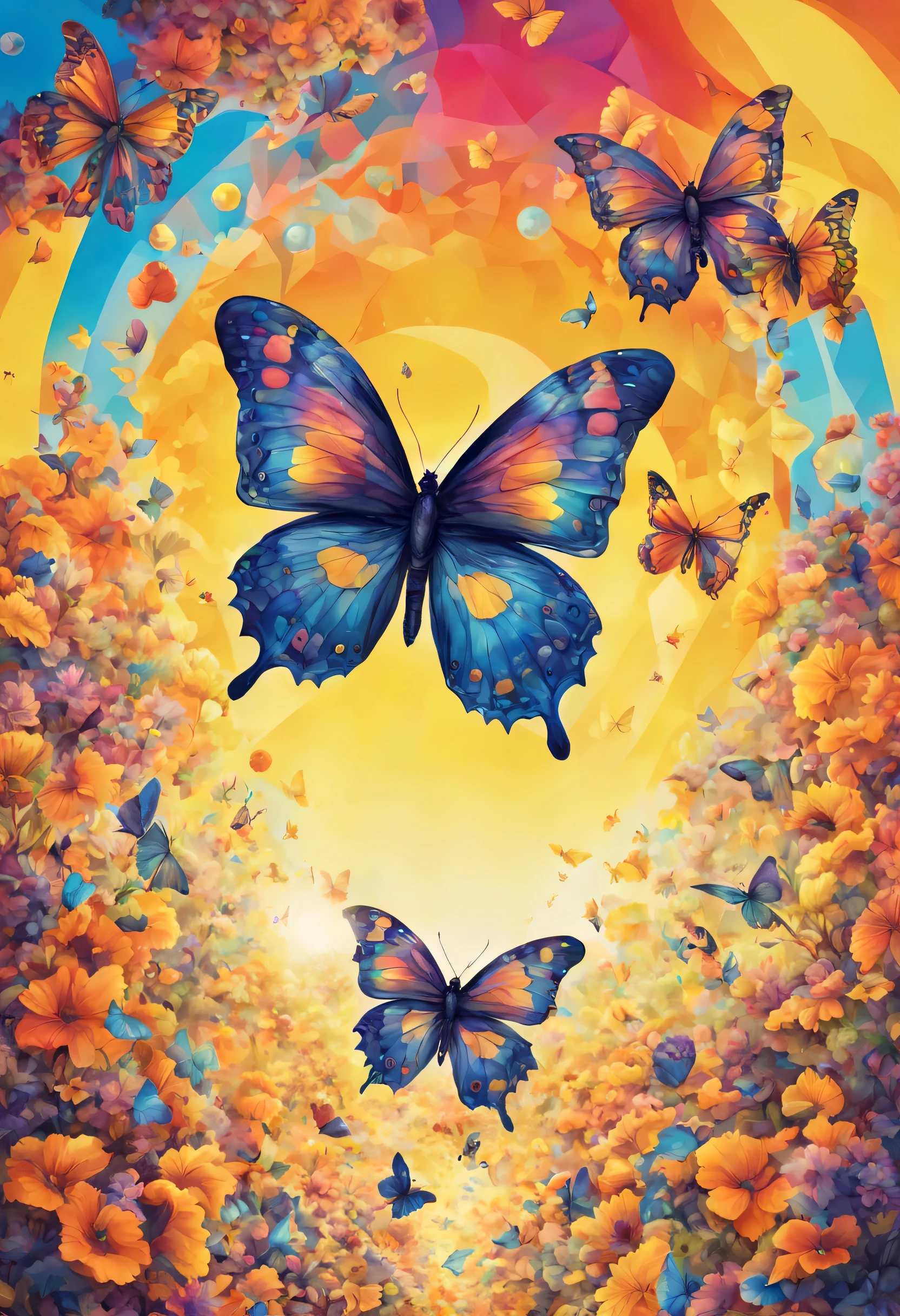 A magnificent sunshine, with a flock of butterflies with psychedelic decoration, with skulls scattered on the ground. And a detailed and textured tesseract in the background