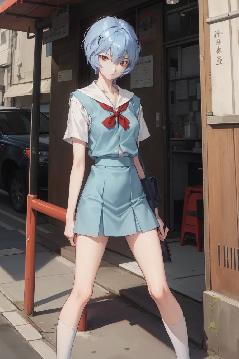 (Tabletop, Highest quality, Super detailed, 8k, ), ((Perfect hands)), ((Perfect Anatomy)), Medium cleavage, standing on the stairs of an abandoned concrete building、  ((Attractive anime one girl)), ((Rei Ayanami)),,((Detailed face)), (( wearing a dark blue uniform:1.2))、((White panties)) , Kamimei , ((Akame))、 ((Sticking out her big ass、Lean forward and turn)))((thin indigo short hair:1.0))、